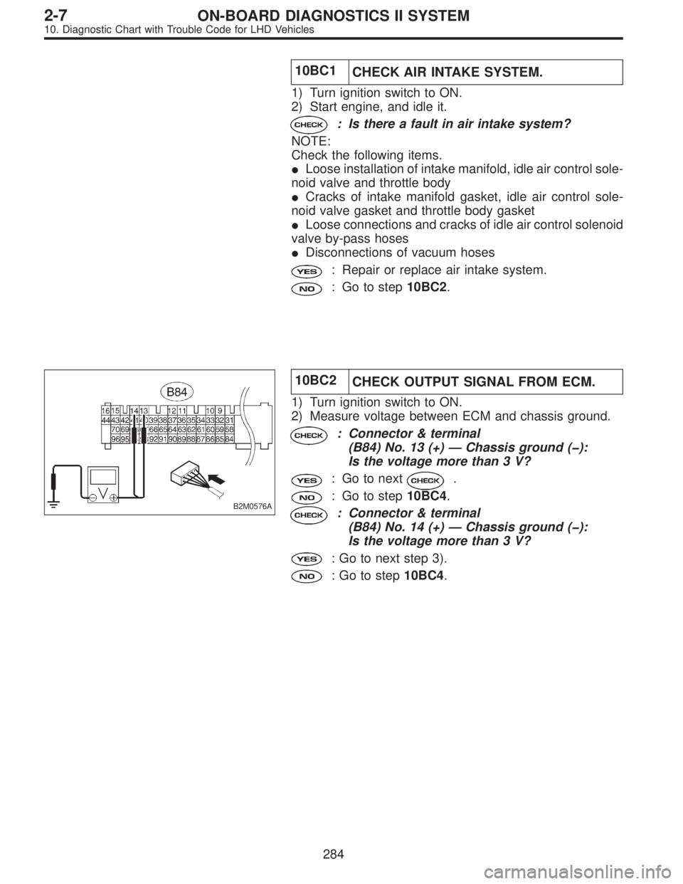 SUBARU LEGACY 1997 Service Repair Manual 10BC1
CHECK AIR INTAKE SYSTEM.
1) Turn ignition switch to ON.
2) Start engine, and idle it.
: Is there a fault in air intake system?
NOTE:
Check the following items.
Loose installation of intake mani SUBARU LEGACY 1997 Service Repair Manual 10BC1
CHECK AIR INTAKE SYSTEM.
1) Turn ignition switch to ON.
2) Start engine, and idle it.
: Is there a fault in air intake system?
NOTE:
Check the following items.
Loose installation of intake mani