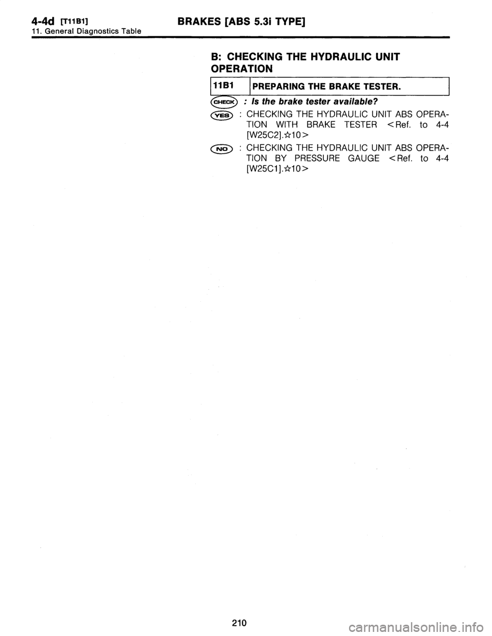 SUBARU LEGACY 1997  Service Repair Manual 
4-4d
[T»B1]
BRAKES
[ABS
5
.3i
TYPE]

11
.
General
Diagnostics
Table

B
:
CHECKING
THE
HYDRAULIC
UNIT

OPERATION

11
B7
PREPARING
THE
BRAKE
TESTER
.

CHECK
;
Is
the
brake
tester
available?

ves
:
CHE