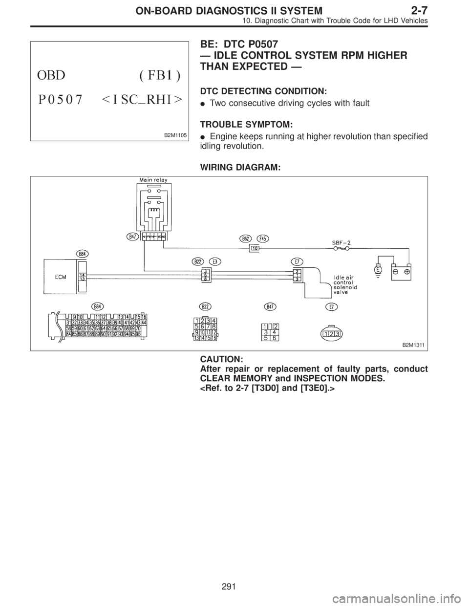 SUBARU LEGACY 1997  Service Repair Manual B2M1105
BE: DTC P0507
—IDLE CONTROL SYSTEM RPM HIGHER
THAN EXPECTED—
DTC DETECTING CONDITION:
Two consecutive driving cycles with fault
TROUBLE SYMPTOM:
Engine keeps running at higher revolution