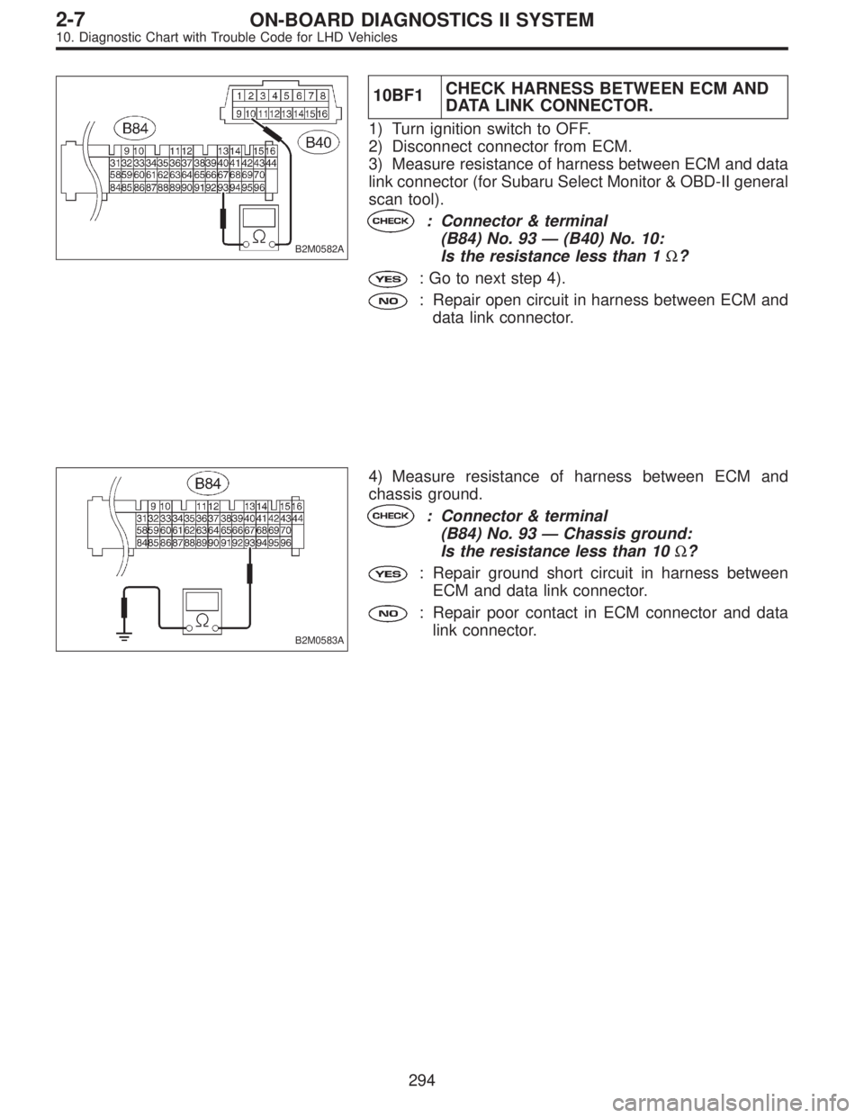SUBARU LEGACY 1997  Service Repair Manual B2M0582A
10BF1CHECK HARNESS BETWEEN ECM AND
DATA LINK CONNECTOR.
1) Turn ignition switch to OFF.
2) Disconnect connector from ECM.
3) Measure resistance of harness between ECM and data
link connector 