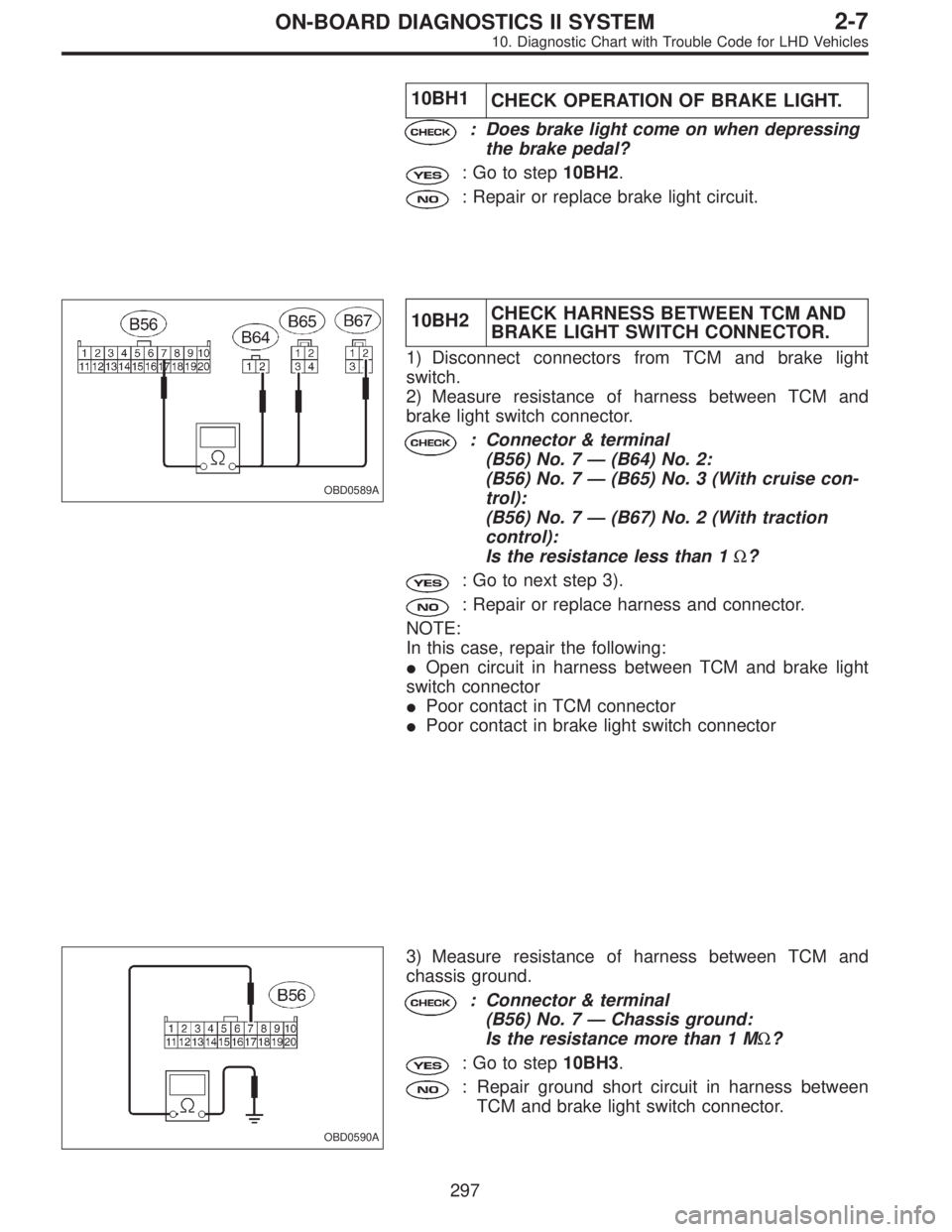 SUBARU LEGACY 1997 Service Repair Manual 10BH1
CHECK OPERATION OF BRAKE LIGHT.
: Does brake light come on when depressing
the brake pedal?
: Go to step10BH2.
: Repair or replace brake light circuit.
OBD0589A
10BH2CHECK HARNESS BETWEEN TCM AN SUBARU LEGACY 1997 Service Repair Manual 10BH1
CHECK OPERATION OF BRAKE LIGHT.
: Does brake light come on when depressing
the brake pedal?
: Go to step10BH2.
: Repair or replace brake light circuit.
OBD0589A
10BH2CHECK HARNESS BETWEEN TCM AN