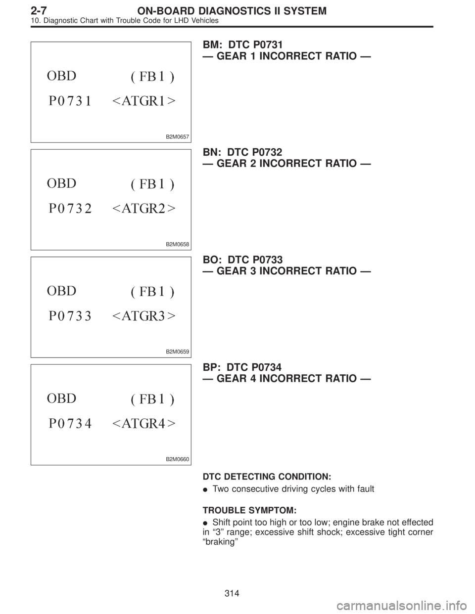 SUBARU LEGACY 1997  Service Repair Manual B2M0657
BM: DTC P0731
—GEAR 1 INCORRECT RATIO—
B2M0658
BN: DTC P0732
—GEAR 2 INCORRECT RATIO—
B2M0659
BO: DTC P0733
—GEAR 3 INCORRECT RATIO—
B2M0660
BP: DTC P0734
—GEAR 4 INCORRECT RATIO