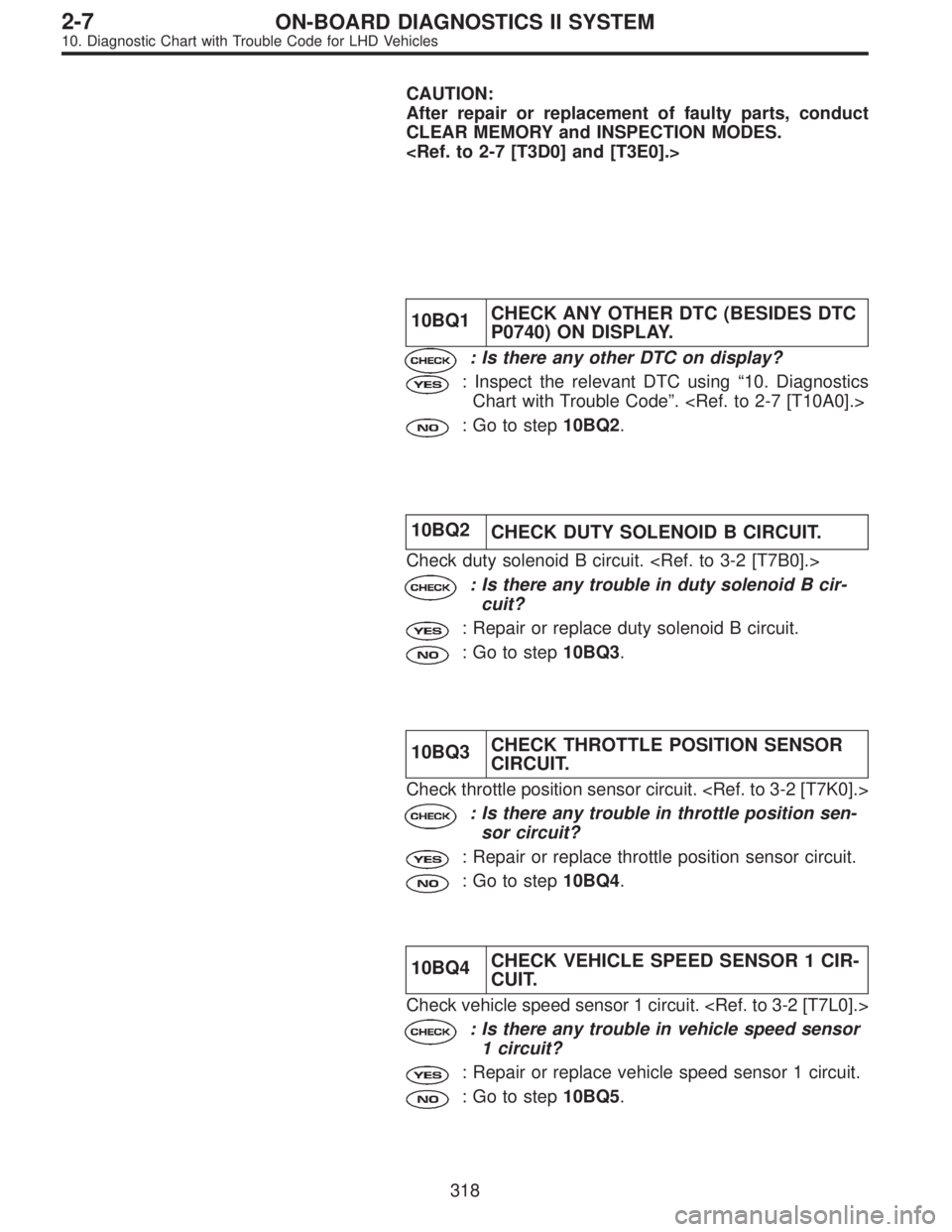 SUBARU LEGACY 1997  Service Repair Manual CAUTION:
After repair or replacement of faulty parts, conduct
CLEAR MEMORY and INSPECTION MODES.
<Ref. to 2-7 [T3D0] and [T3E0].>
10BQ1CHECK ANY OTHER DTC (BESIDES DTC
P0740) ON DISPLAY.
: Is there an