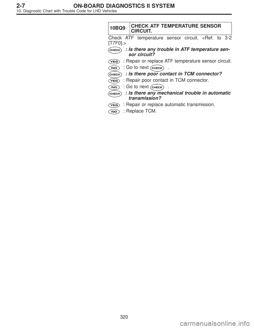 SUBARU LEGACY 1997  Service Repair Manual 10BQ9CHECK ATF TEMPERATURE SENSOR
CIRCUIT.
Check ATF temperature sensor circuit. <Ref. to 3-2
[T7F0].>
: Is there any trouble in ATF temperature sen-
sor circuit?
: Repair or replace ATF temperature s