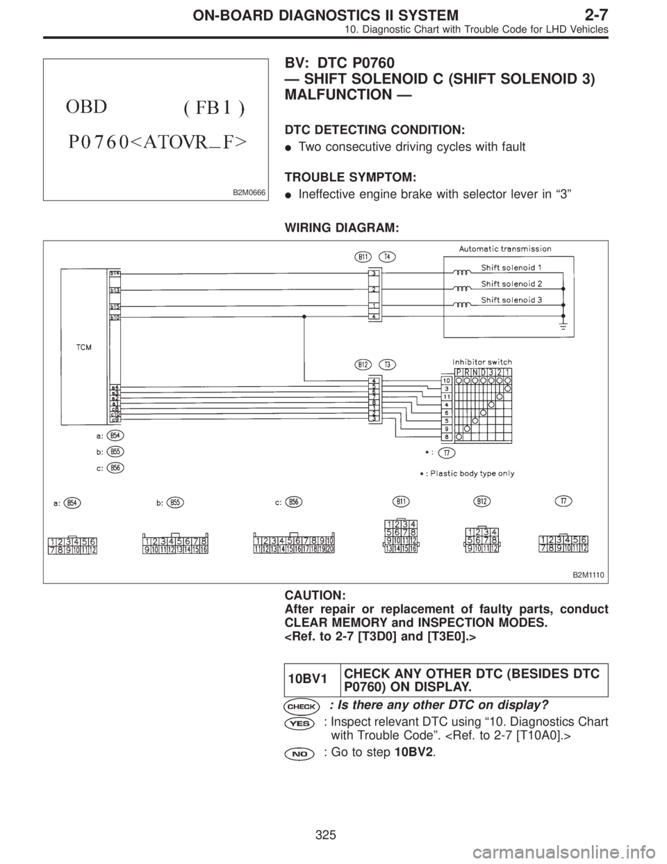 SUBARU LEGACY 1997  Service Repair Manual B2M0666
BV: DTC P0760
—SHIFT SOLENOID C (SHIFT SOLENOID 3)
MALFUNCTION—
DTC DETECTING CONDITION:
Two consecutive driving cycles with fault
TROUBLE SYMPTOM:
Ineffective engine brake with selector