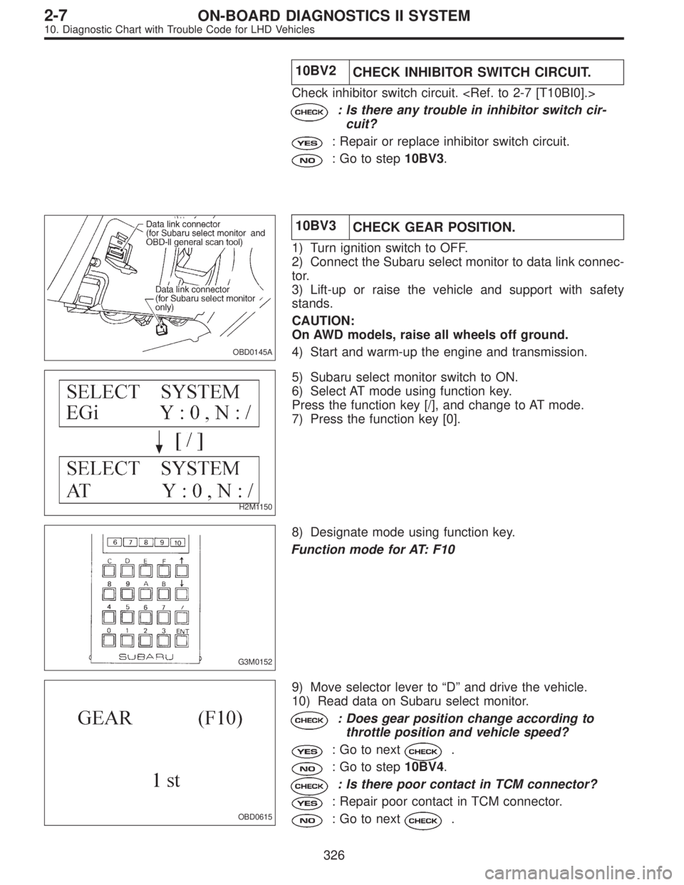 SUBARU LEGACY 1997  Service Repair Manual 10BV2
CHECK INHIBITOR SWITCH CIRCUIT.
Check inhibitor switch circuit. <Ref. to 2-7 [T10BI0].>
: Is there any trouble in inhibitor switch cir-
cuit?
: Repair or replace inhibitor switch circuit.
: Go t