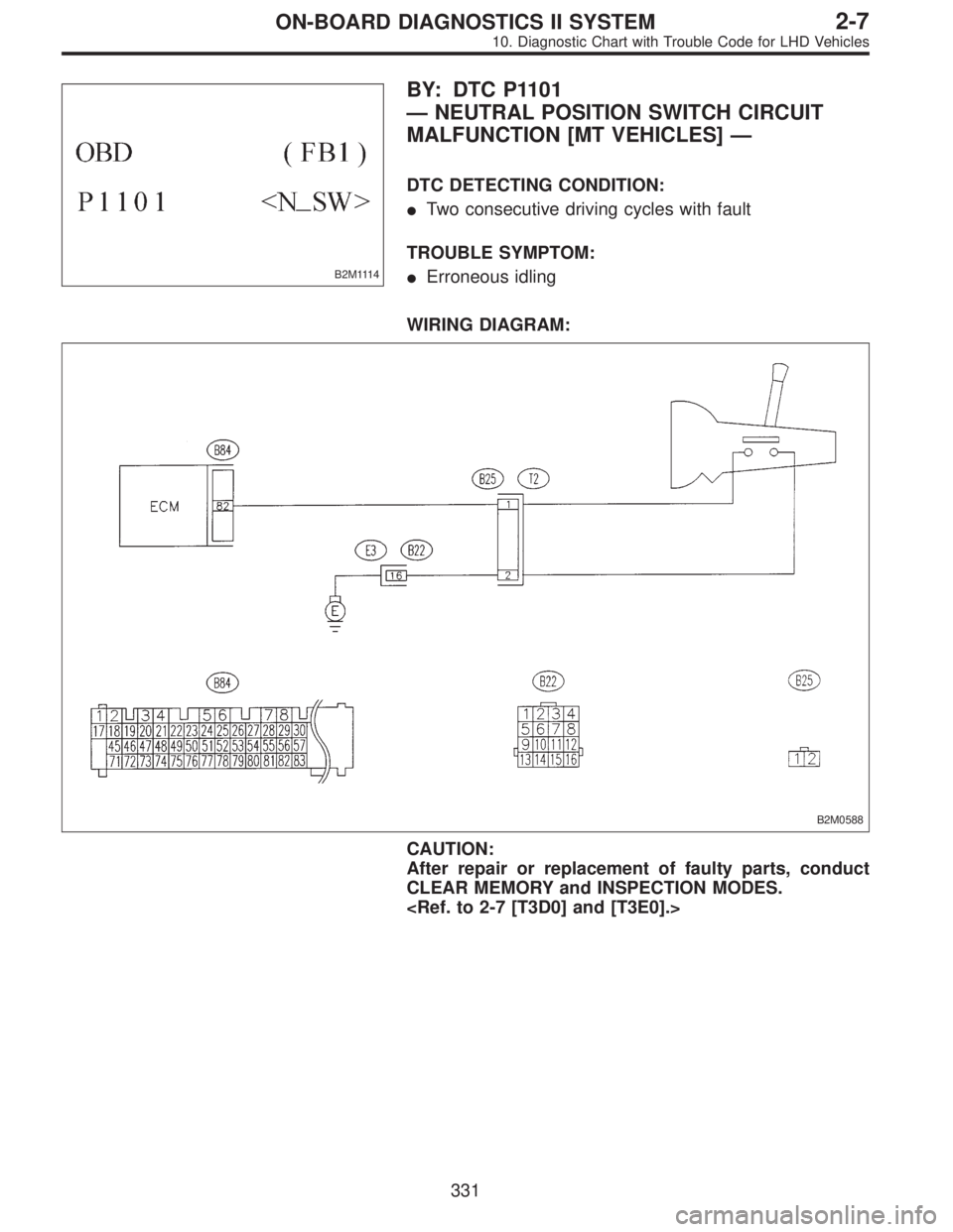 SUBARU LEGACY 1997  Service Repair Manual B2M1114
BY: DTC P1101
—NEUTRAL POSITION SWITCH CIRCUIT
MALFUNCTION [MT VEHICLES]—
DTC DETECTING CONDITION:
Two consecutive driving cycles with fault
TROUBLE SYMPTOM:
Erroneous idling
WIRING DIAG