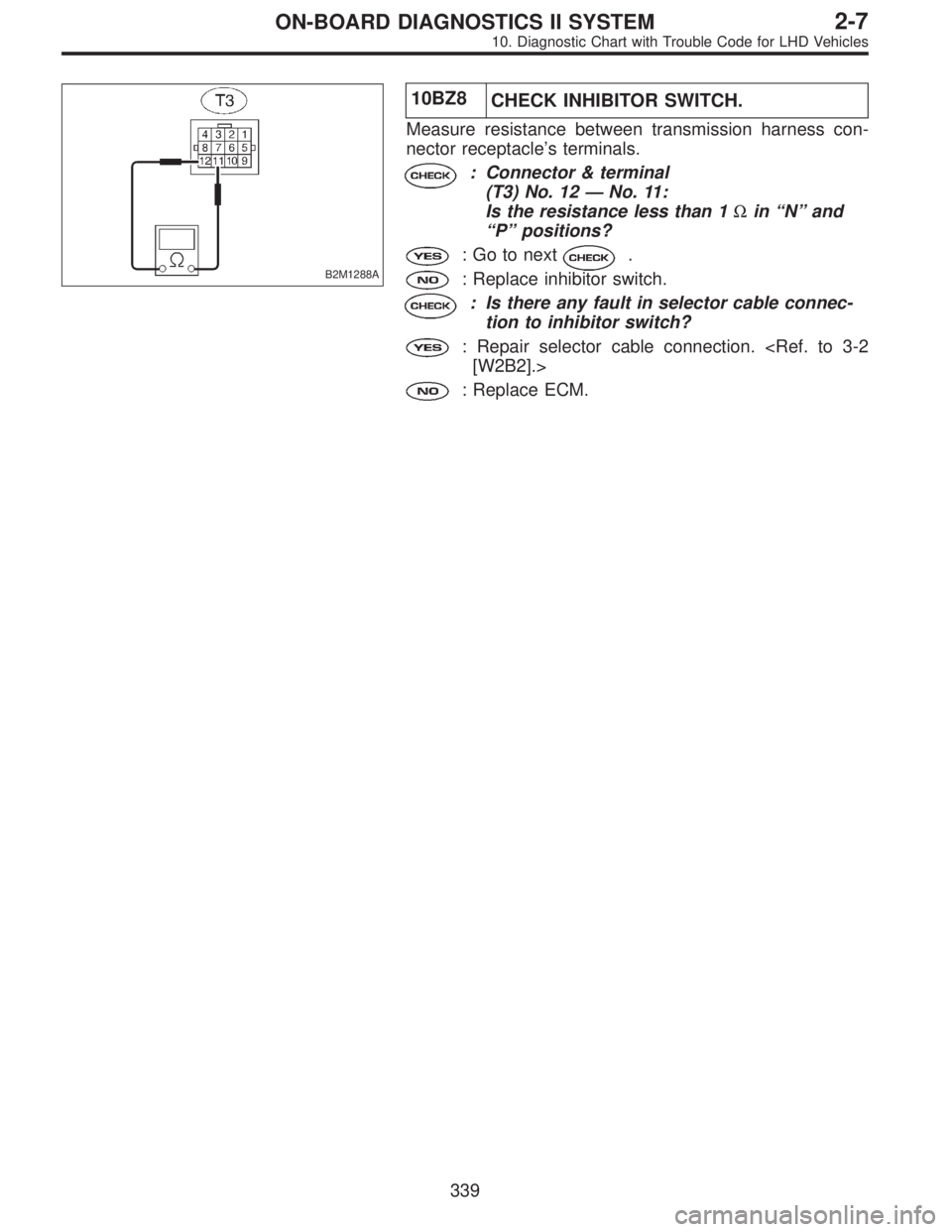 SUBARU LEGACY 1997  Service Repair Manual B2M1288A
10BZ8
CHECK INHIBITOR SWITCH.
Measure resistance between transmission harness con-
nector receptacle’s terminals.
: Connector & terminal
(T3) No. 12—No. 11:
Is the resistance less than 1