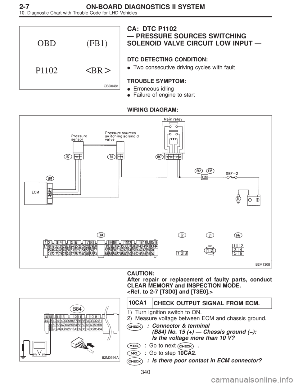 SUBARU LEGACY 1997  Service Repair Manual OBD0481
CA: DTC P1102
—PRESSURE SOURCES SWITCHING
SOLENOID VALVE CIRCUIT LOW INPUT—
DTC DETECTING CONDITION:
Two consecutive driving cycles with fault
TROUBLE SYMPTOM:
Erroneous idling
Failure 