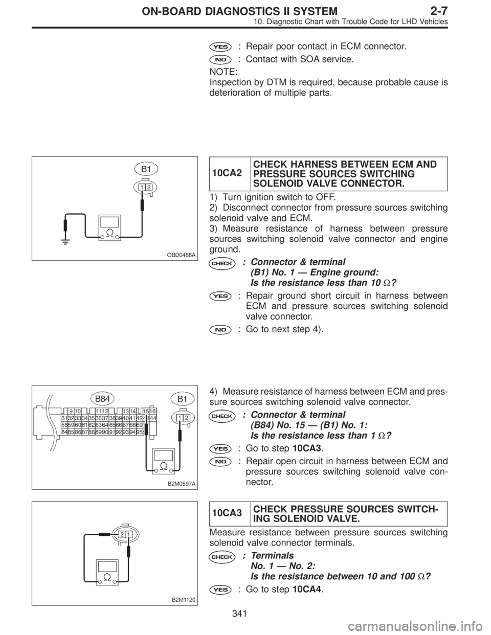 SUBARU LEGACY 1997 Service Repair Manual : Repair poor contact in ECM connector.
: Contact with SOA service.
NOTE:
Inspection by DTM is required, because probable cause is
deterioration of multiple parts.
OBD0488A
10CA2CHECK HARNESS BETWEEN SUBARU LEGACY 1997 Service Repair Manual : Repair poor contact in ECM connector.
: Contact with SOA service.
NOTE:
Inspection by DTM is required, because probable cause is
deterioration of multiple parts.
OBD0488A
10CA2CHECK HARNESS BETWEEN