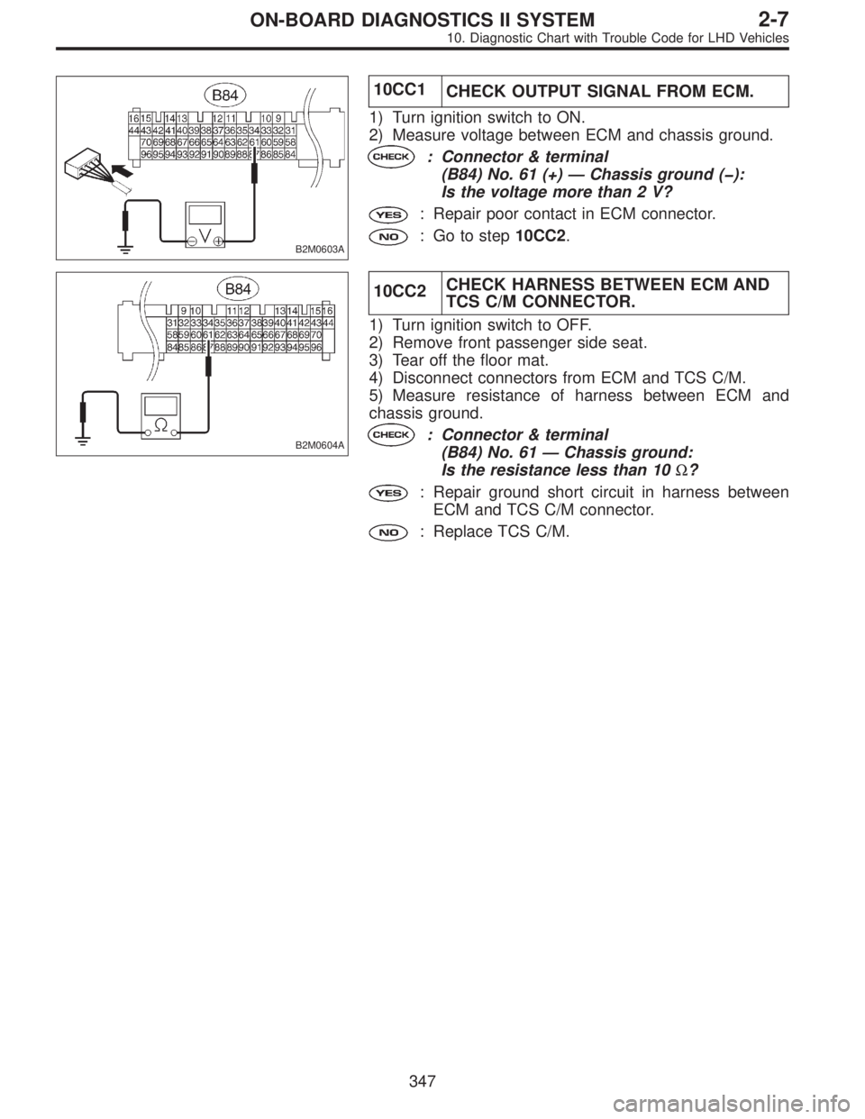 SUBARU LEGACY 1997  Service Repair Manual B2M0603A
10CC1
CHECK OUTPUT SIGNAL FROM ECM.
1) Turn ignition switch to ON.
2) Measure voltage between ECM and chassis ground.
: Connector & terminal
(B84) No. 61 (+)—Chassis ground (�):
Is the volt