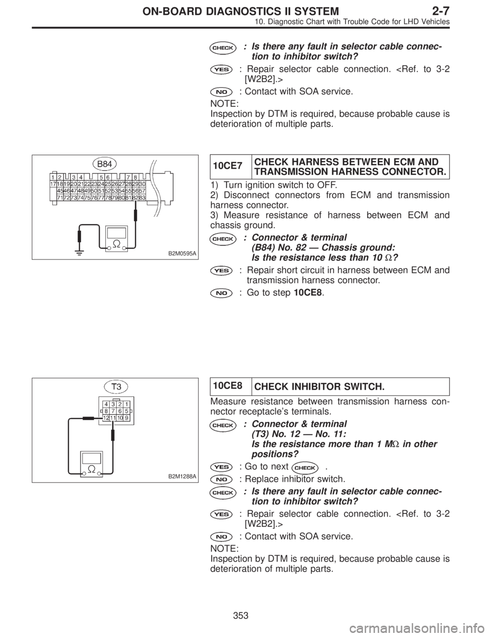 SUBARU LEGACY 1997  Service Repair Manual : Is there any fault in selector cable connec-
tion to inhibitor switch?
: Repair selector cable connection. <Ref. to 3-2
[W2B2].>
: Contact with SOA service.
NOTE:
Inspection by DTM is required, beca