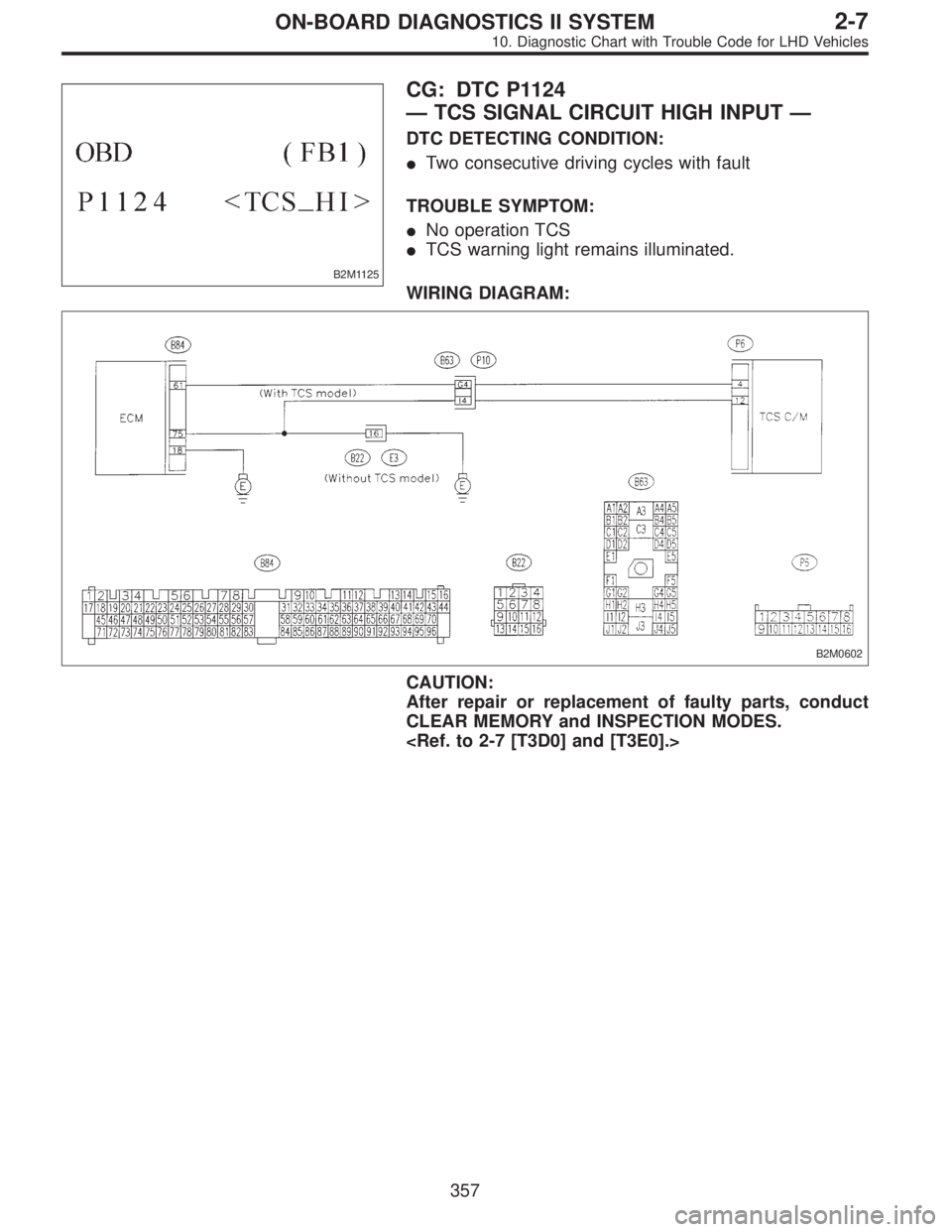 SUBARU LEGACY 1997  Service Repair Manual B2M1125
CG: DTC P1124
—TCS SIGNAL CIRCUIT HIGH INPUT—
DTC DETECTING CONDITION:
Two consecutive driving cycles with fault
TROUBLE SYMPTOM:
No operation TCS
TCS warning light remains illuminated.
