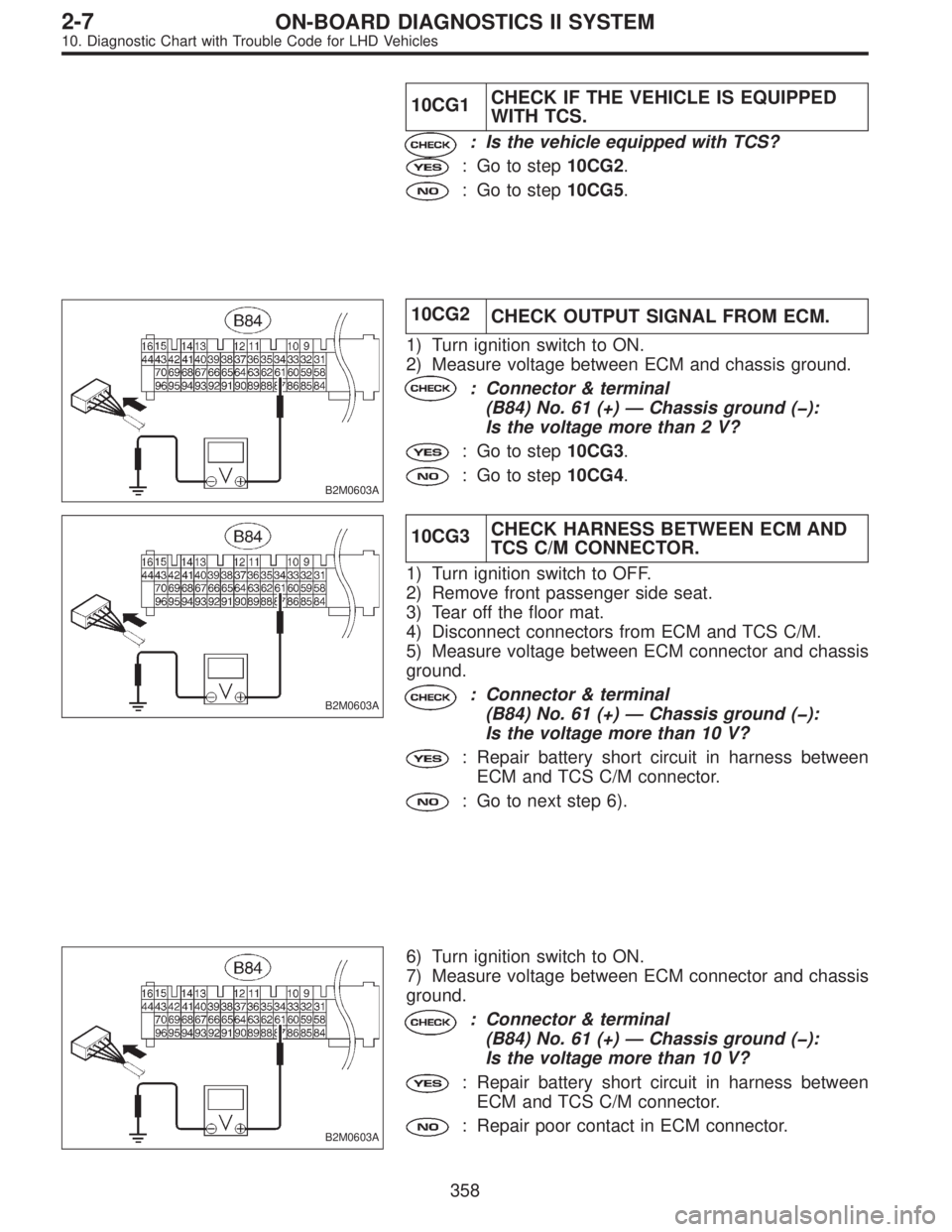 SUBARU LEGACY 1997  Service Repair Manual 10CG1CHECK IF THE VEHICLE IS EQUIPPED
WITH TCS.
: Is the vehicle equipped with TCS?
: Go to step10CG2.
: Go to step10CG5.
B2M0603A
10CG2
CHECK OUTPUT SIGNAL FROM ECM.
1) Turn ignition switch to ON.
2)