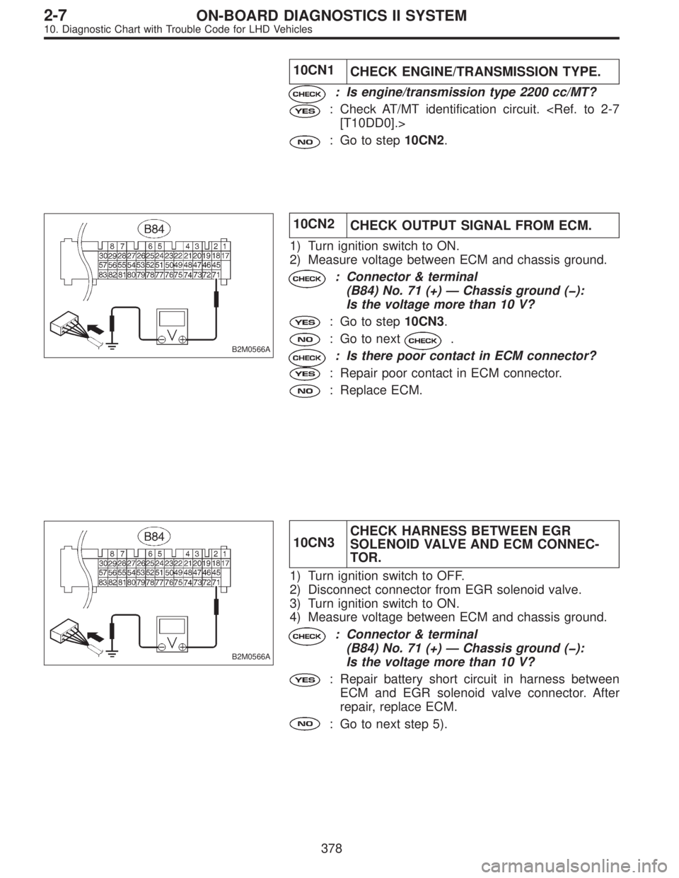 SUBARU LEGACY 1997  Service Repair Manual 10CN1
CHECK ENGINE/TRANSMISSION TYPE.
: Is engine/transmission type 2200 cc/MT?
: Check AT/MT identification circuit. <Ref. to 2-7
[T10DD0].>
: Go to step10CN2.
B2M0566A
10CN2
CHECK OUTPUT SIGNAL FROM