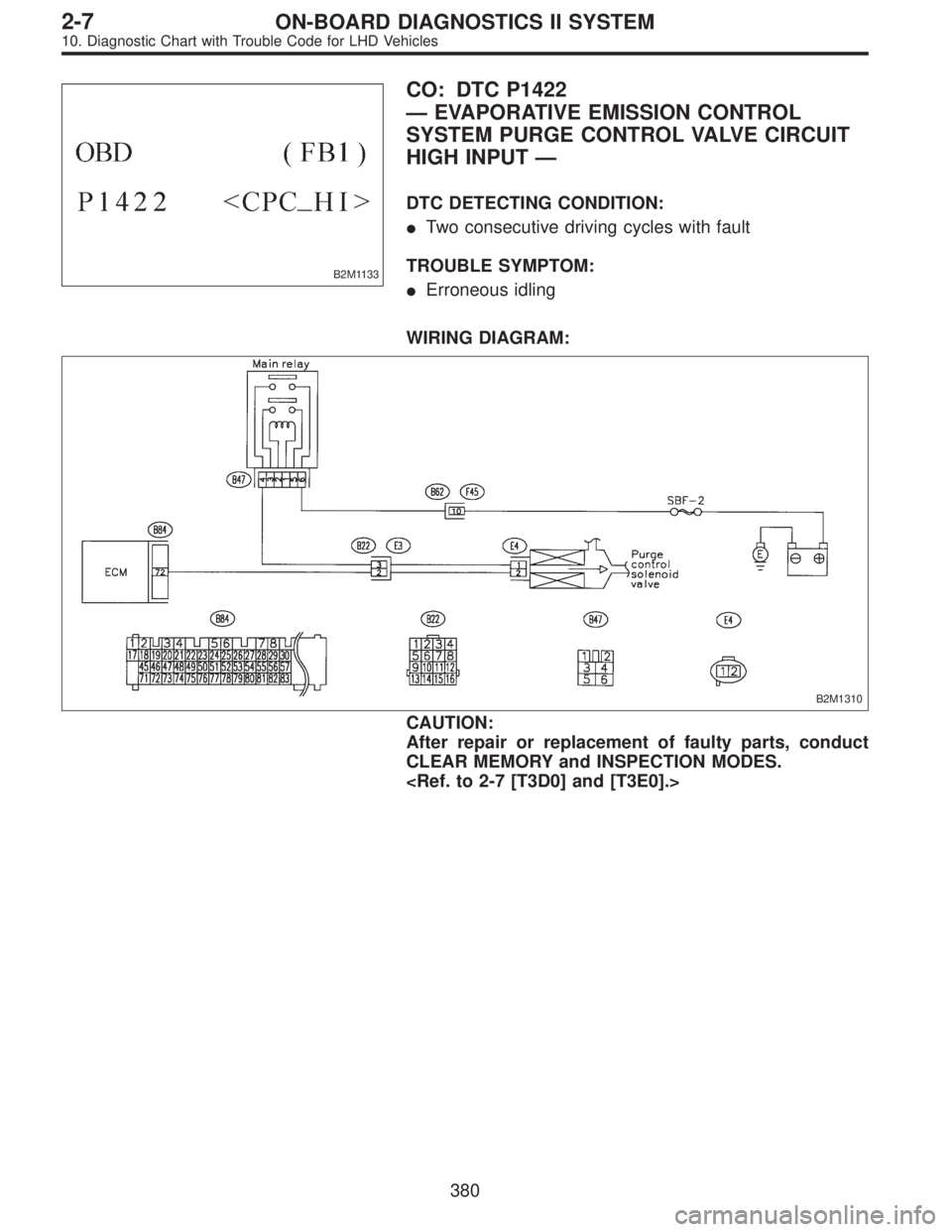 SUBARU LEGACY 1997  Service Repair Manual B2M1133
CO: DTC P1422
—EVAPORATIVE EMISSION CONTROL
SYSTEM PURGE CONTROL VALVE CIRCUIT
HIGH INPUT—
DTC DETECTING CONDITION:
Two consecutive driving cycles with fault
TROUBLE SYMPTOM:
Erroneous i