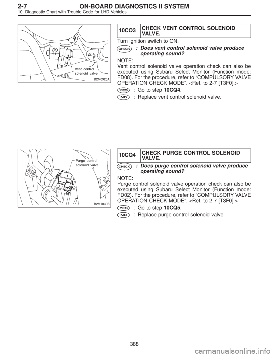 SUBARU LEGACY 1997  Service Repair Manual B2M0925A
10CQ3CHECK VENT CONTROL SOLENOID
VA LV E .
Turn ignition switch to ON.
: Does vent control solenoid valve produce
operating sound?
NOTE:
Vent control solenoid valve operation check can also b
