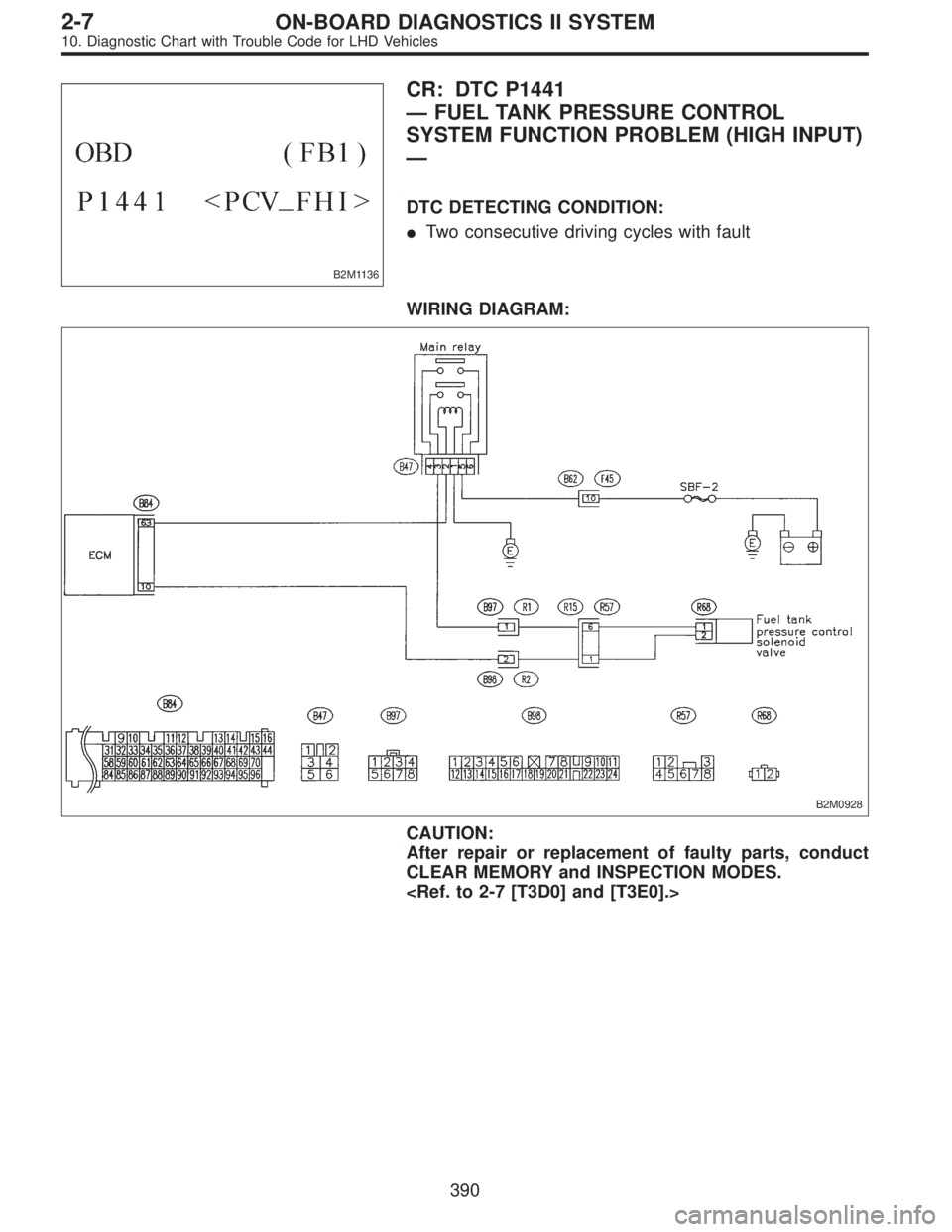 SUBARU LEGACY 1997  Service Repair Manual B2M1136
CR: DTC P1441
—FUEL TANK PRESSURE CONTROL
SYSTEM FUNCTION PROBLEM (HIGH INPUT)
—
DTC DETECTING CONDITION:
Two consecutive driving cycles with fault
WIRING DIAGRAM:
B2M0928
CAUTION:
After 