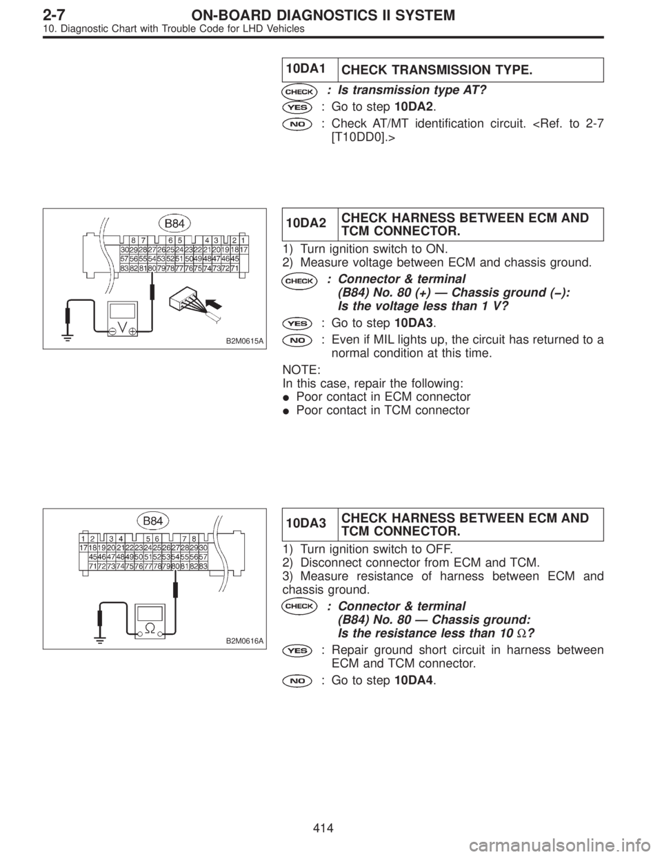 SUBARU LEGACY 1997  Service Repair Manual 10DA1
CHECK TRANSMISSION TYPE.
: Is transmission type AT?
: Go to step10DA2.
: Check AT/MT identification circuit. <Ref. to 2-7
[T10DD0].>
B2M0615A
10DA2CHECK HARNESS BETWEEN ECM AND
TCM CONNECTOR.
1)