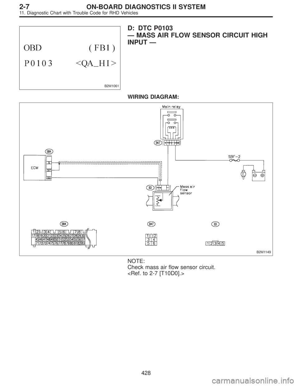 SUBARU LEGACY 1997  Service Repair Manual B2M1061
D: DTC P0103
—MASS AIR FLOW SENSOR CIRCUIT HIGH
INPUT—
WIRING DIAGRAM:
B2M1149
NOTE:
Check mass air flow sensor circuit.
<Ref. to 2-7 [T10D0].>
428
2-7ON-BOARD DIAGNOSTICS II SYSTEM
11. Di