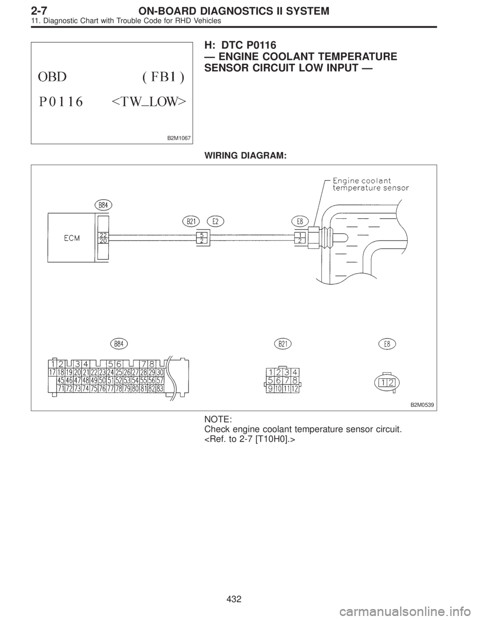 SUBARU LEGACY 1997  Service Repair Manual B2M1067
H: DTC P0116
—ENGINE COOLANT TEMPERATURE
SENSOR CIRCUIT LOW INPUT—
WIRING DIAGRAM:
B2M0539
NOTE:
Check engine coolant temperature sensor circuit.
<Ref. to 2-7 [T10H0].>
432
2-7ON-BOARD DIA