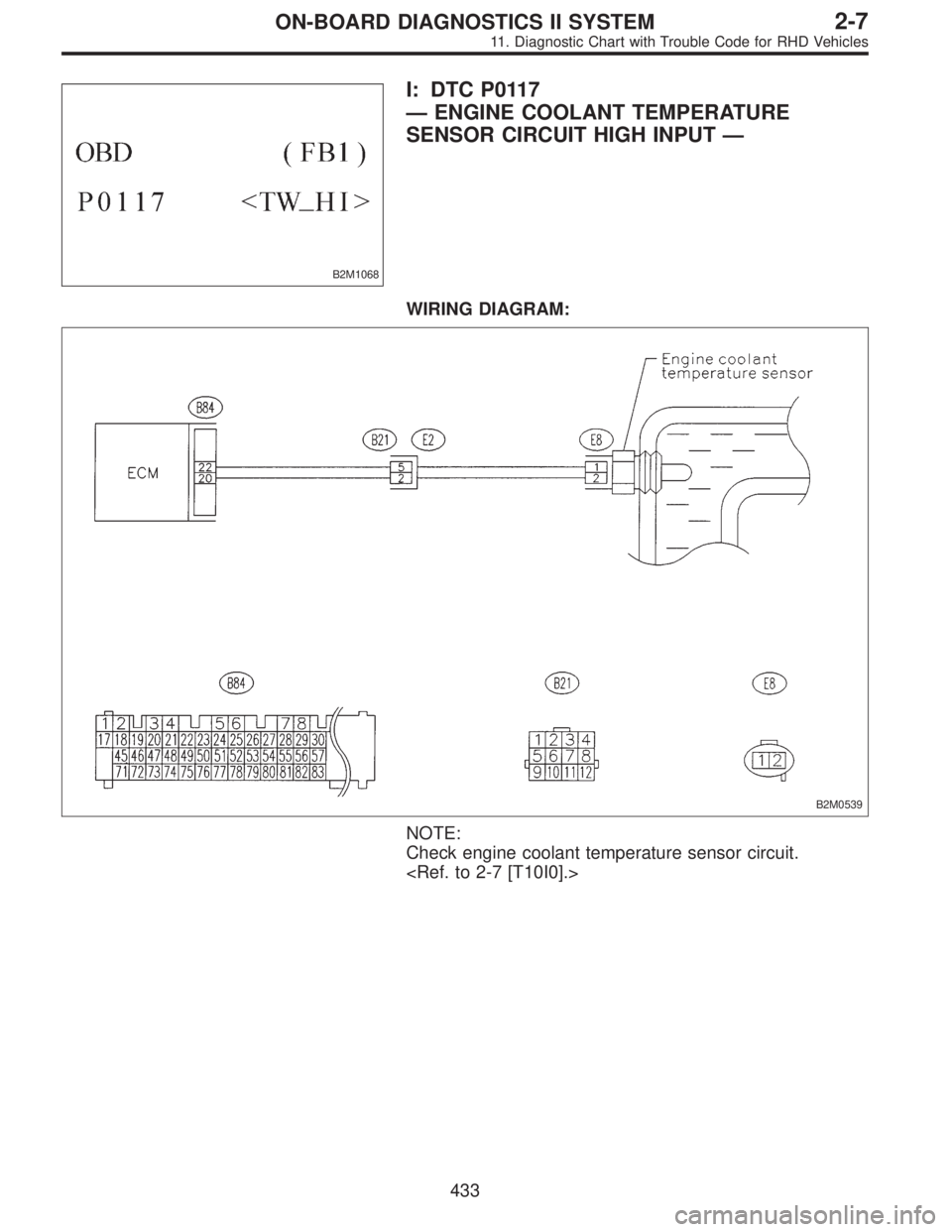 SUBARU LEGACY 1997  Service Repair Manual B2M1068
I: DTC P0117
—ENGINE COOLANT TEMPERATURE
SENSOR CIRCUIT HIGH INPUT—
WIRING DIAGRAM:
B2M0539
NOTE:
Check engine coolant temperature sensor circuit.
<Ref. to 2-7 [T10I0].>
433
2-7ON-BOARD DI