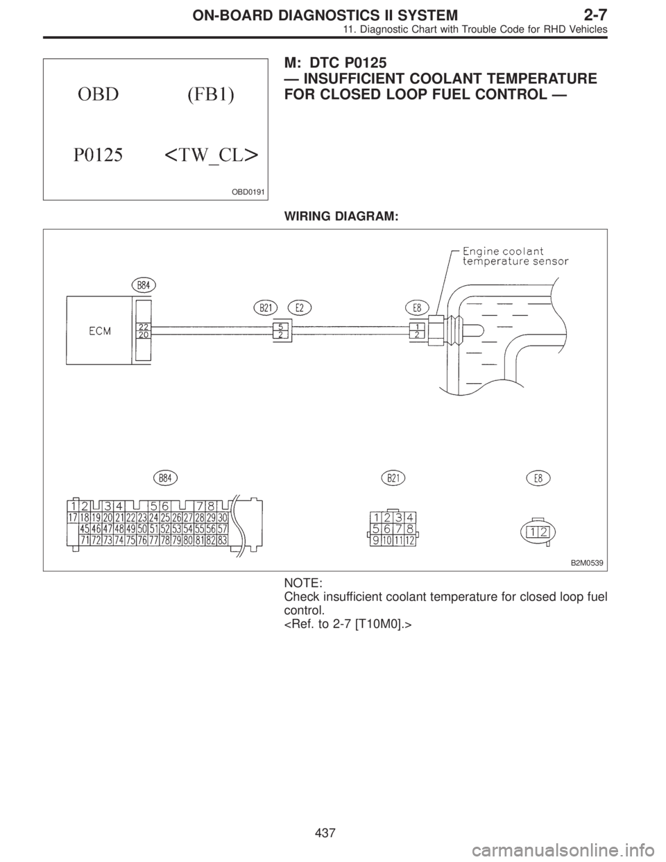 SUBARU LEGACY 1997  Service Repair Manual OBD0191
M: DTC P0125
—INSUFFICIENT COOLANT TEMPERATURE
FOR CLOSED LOOP FUEL CONTROL—
WIRING DIAGRAM:
B2M0539
NOTE:
Check insufficient coolant temperature for closed loop fuel
control.
<Ref. to 2-7