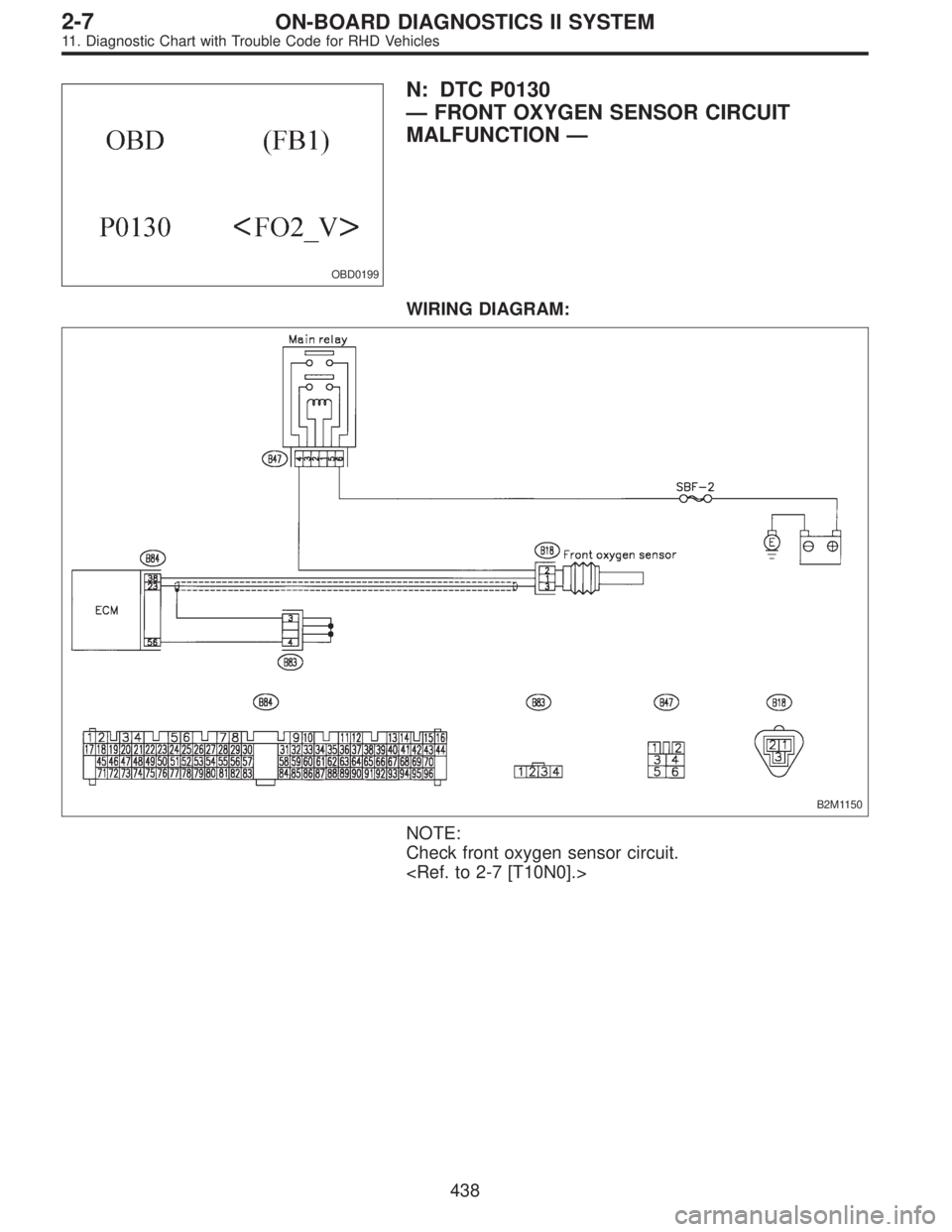 SUBARU LEGACY 1997  Service Repair Manual OBD0199
N: DTC P0130
—FRONT OXYGEN SENSOR CIRCUIT
MALFUNCTION—
WIRING DIAGRAM:
B2M1150
NOTE:
Check front oxygen sensor circuit.
<Ref. to 2-7 [T10N0].>
438
2-7ON-BOARD DIAGNOSTICS II SYSTEM
11. Dia