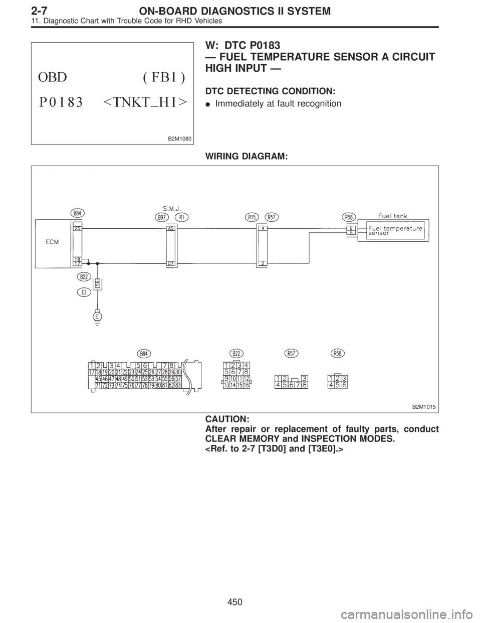 SUBARU LEGACY 1997  Service Repair Manual B2M1080
W: DTC P0183
—FUEL TEMPERATURE SENSOR A CIRCUIT
HIGH INPUT—
DTC DETECTING CONDITION:
Immediately at fault recognition
WIRING DIAGRAM:
B2M1015
CAUTION:
After repair or replacement of fault