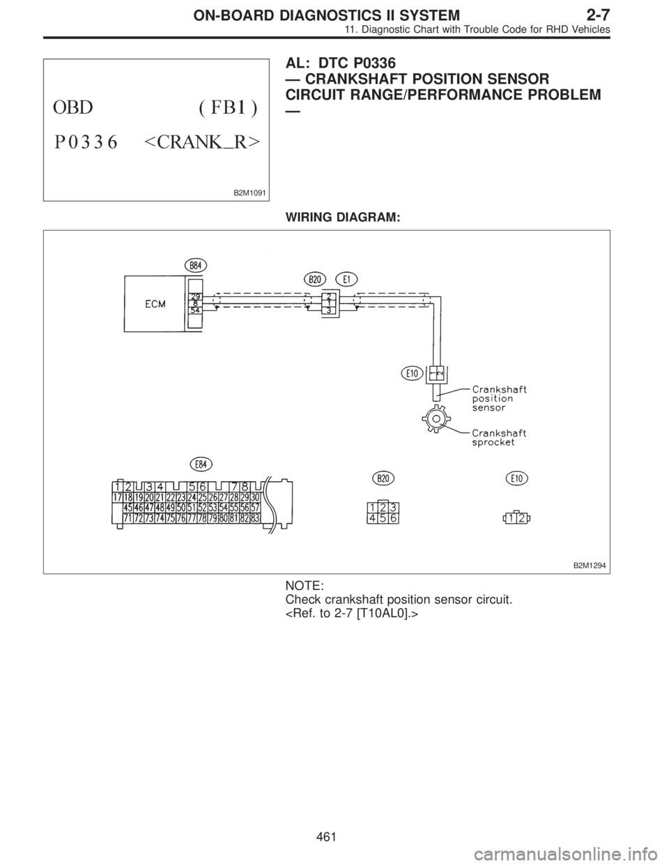 SUBARU LEGACY 1997  Service Repair Manual B2M1091
AL: DTC P0336
—CRANKSHAFT POSITION SENSOR
CIRCUIT RANGE/PERFORMANCE PROBLEM
—
WIRING DIAGRAM:
B2M1294
NOTE:
Check crankshaft position sensor circuit.
<Ref. to 2-7 [T10AL0].>
461
2-7ON-BOAR