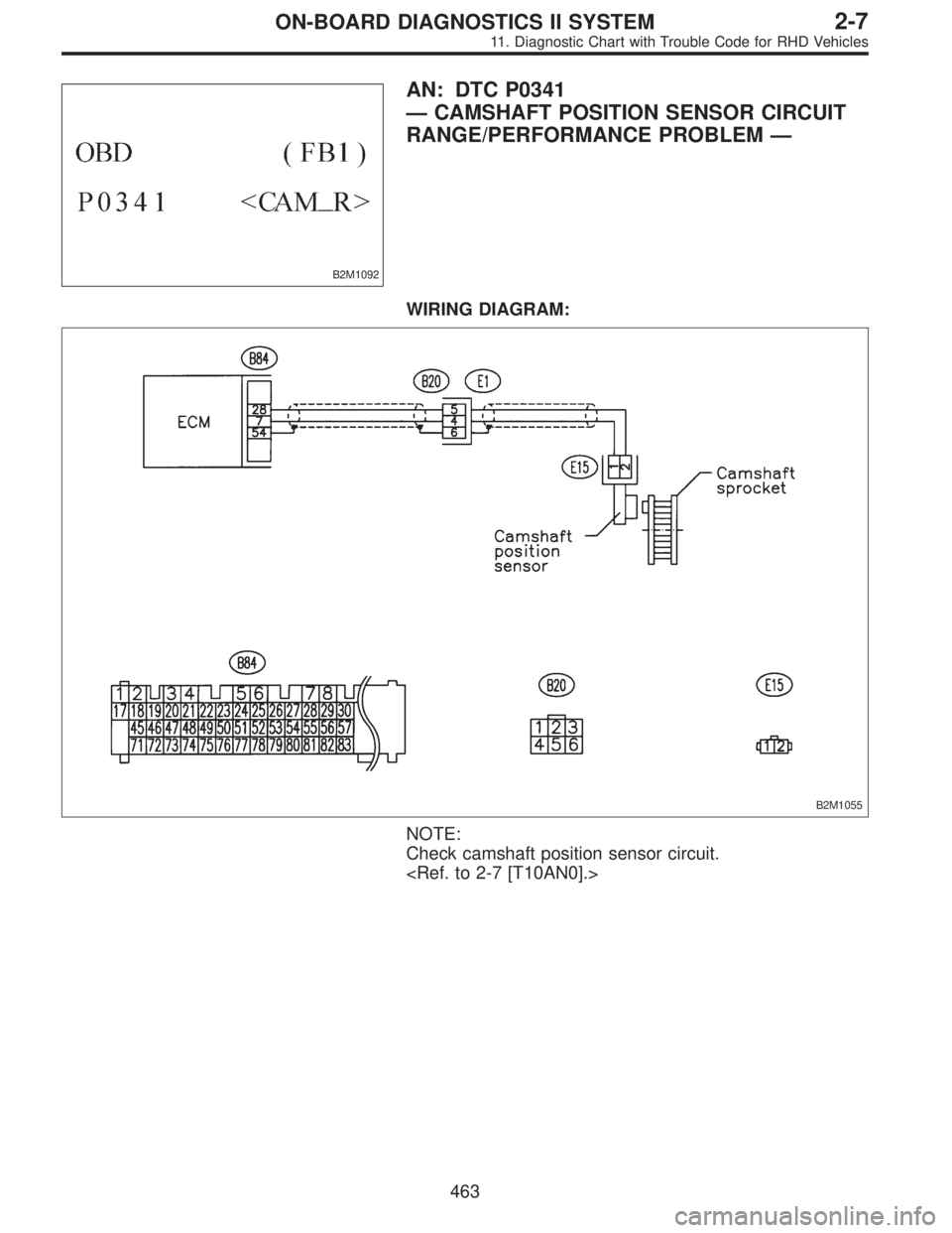 SUBARU LEGACY 1997  Service Repair Manual B2M1092
AN: DTC P0341
—CAMSHAFT POSITION SENSOR CIRCUIT
RANGE/PERFORMANCE PROBLEM—
WIRING DIAGRAM:
B2M1055
NOTE:
Check camshaft position sensor circuit.
<Ref. to 2-7 [T10AN0].>
463
2-7ON-BOARD DIA