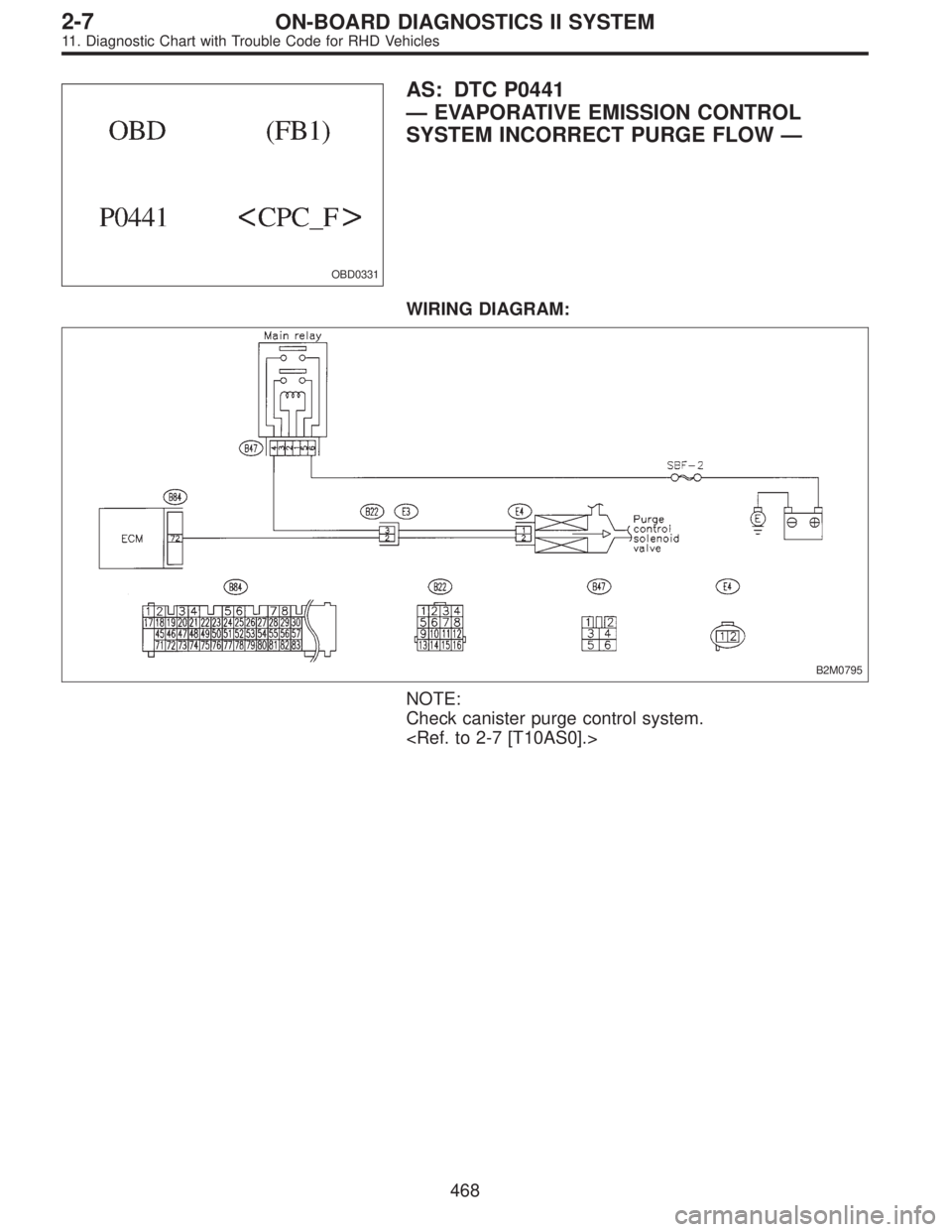 SUBARU LEGACY 1997  Service Repair Manual OBD0331
AS: DTC P0441
—EVAPORATIVE EMISSION CONTROL
SYSTEM INCORRECT PURGE FLOW—
WIRING DIAGRAM:
B2M0795
NOTE:
Check canister purge control system.
<Ref. to 2-7 [T10AS0].>
468
2-7ON-BOARD DIAGNOST