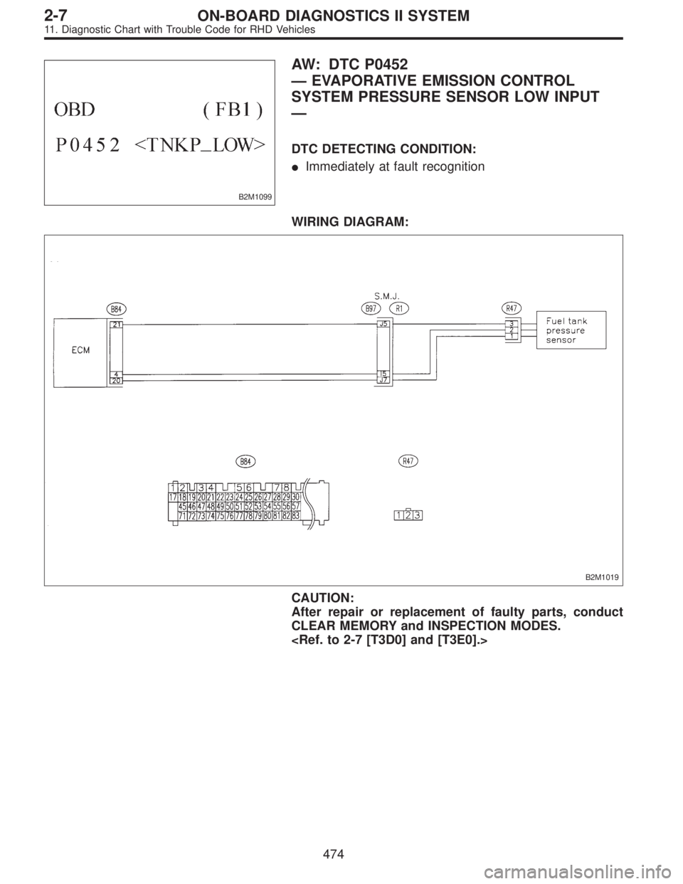 SUBARU LEGACY 1997  Service Repair Manual B2M1099
AW: DTC P0452
—EVAPORATIVE EMISSION CONTROL
SYSTEM PRESSURE SENSOR LOW INPUT
—
DTC DETECTING CONDITION:
Immediately at fault recognition
WIRING DIAGRAM:
B2M1019
CAUTION:
After repair or r