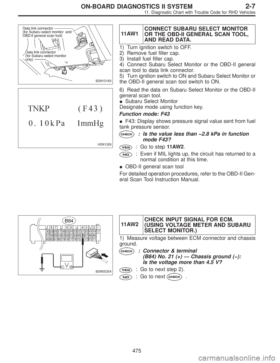 SUBARU LEGACY 1997  Service Repair Manual B2M1016A
11 AW 1CONNECT SUBARU SELECT MONITOR
OR THE OBD-II GENERAL SCAN TOOL,
AND READ DATA.
1) Turn ignition switch to OFF.
2) Remove fuel filler cap.
3) Install fuel filler cap.
4) Connect Subaru S