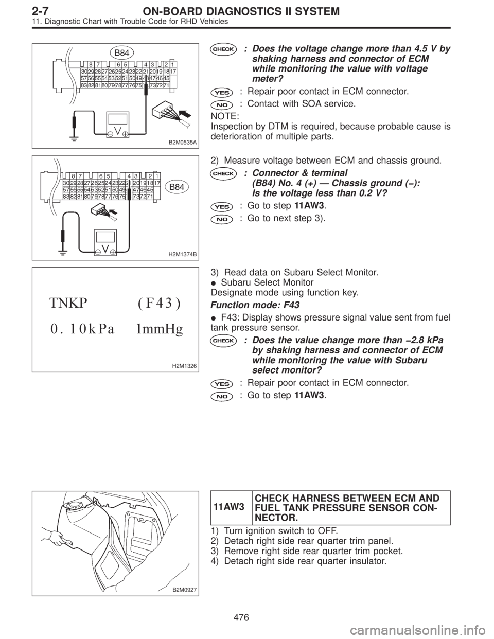 SUBARU LEGACY 1997  Service Repair Manual B2M0535A
: Does the voltage change more than 4.5 V by
shaking harness and connector of ECM
while monitoring the value with voltage
meter?
: Repair poor contact in ECM connector.
: Contact with SOA ser