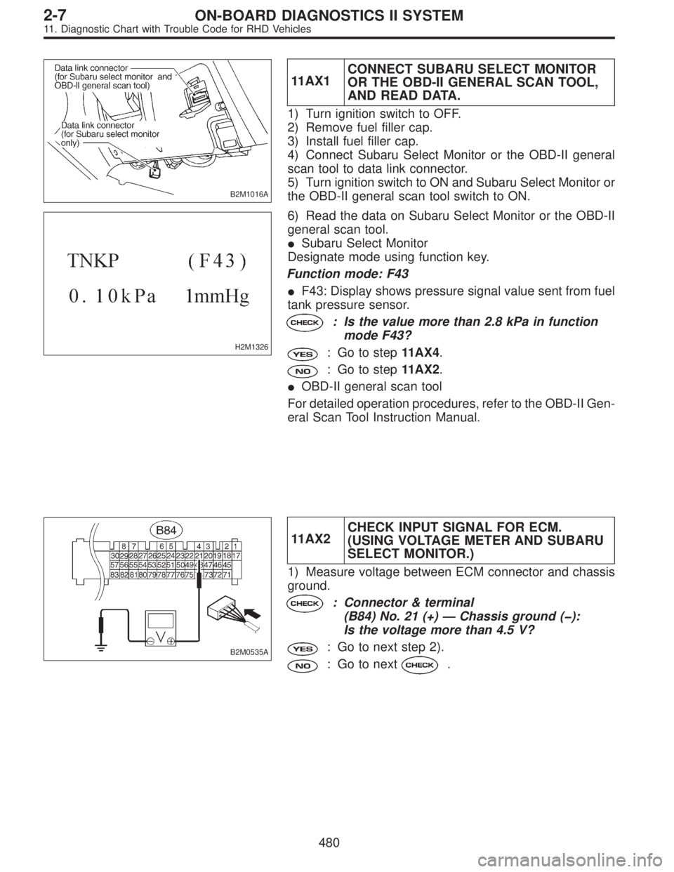 SUBARU LEGACY 1997  Service Repair Manual B2M1016A
11AX1CONNECT SUBARU SELECT MONITOR
OR THE OBD-II GENERAL SCAN TOOL,
AND READ DATA.
1) Turn ignition switch to OFF.
2) Remove fuel filler cap.
3) Install fuel filler cap.
4) Connect Subaru Sel