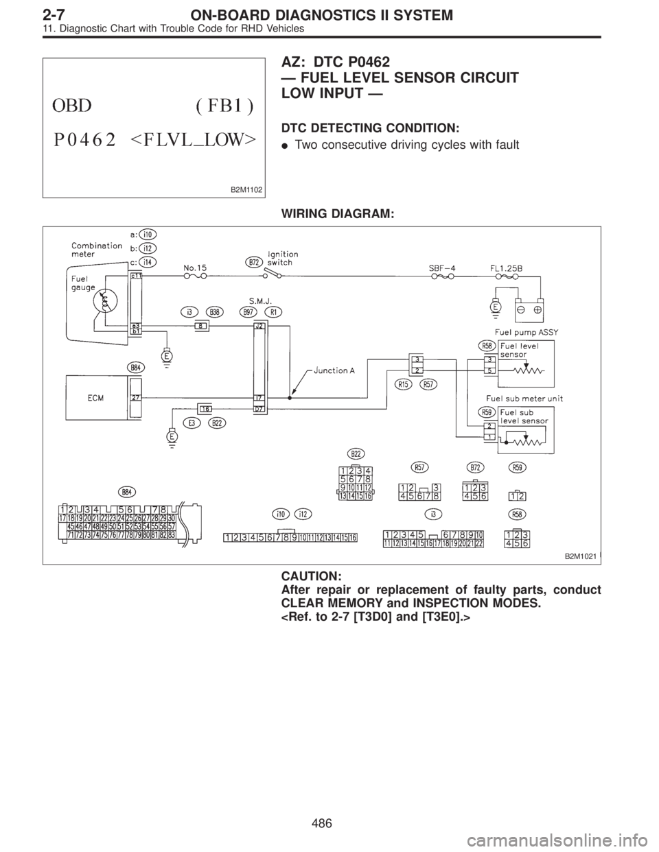 SUBARU LEGACY 1997  Service Repair Manual B2M1102
AZ: DTC P0462
—FUEL LEVEL SENSOR CIRCUIT
LOW INPUT—
DTC DETECTING CONDITION:
Two consecutive driving cycles with fault
WIRING DIAGRAM:
B2M1021
CAUTION:
After repair or replacement of faul