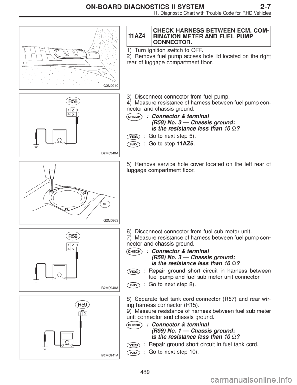 SUBARU LEGACY 1997  Service Repair Manual G2M0340
11AZ4CHECK HARNESS BETWEEN ECM, COM-
BINATION METER AND FUEL PUMP
CONNECTOR.
1) Turn ignition switch to OFF.
2) Remove fuel pump access hole lid located on the right
rear of luggage compartmen