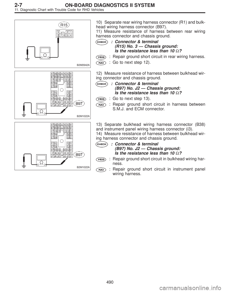 SUBARU LEGACY 1997  Service Repair Manual B2M0942A
10) Separate rear wiring harness connector (R1) and bulk-
head wiring harness connector (B97).
11) Measure resistance of harness between rear wiring
harness connector and chassis ground.
: Co