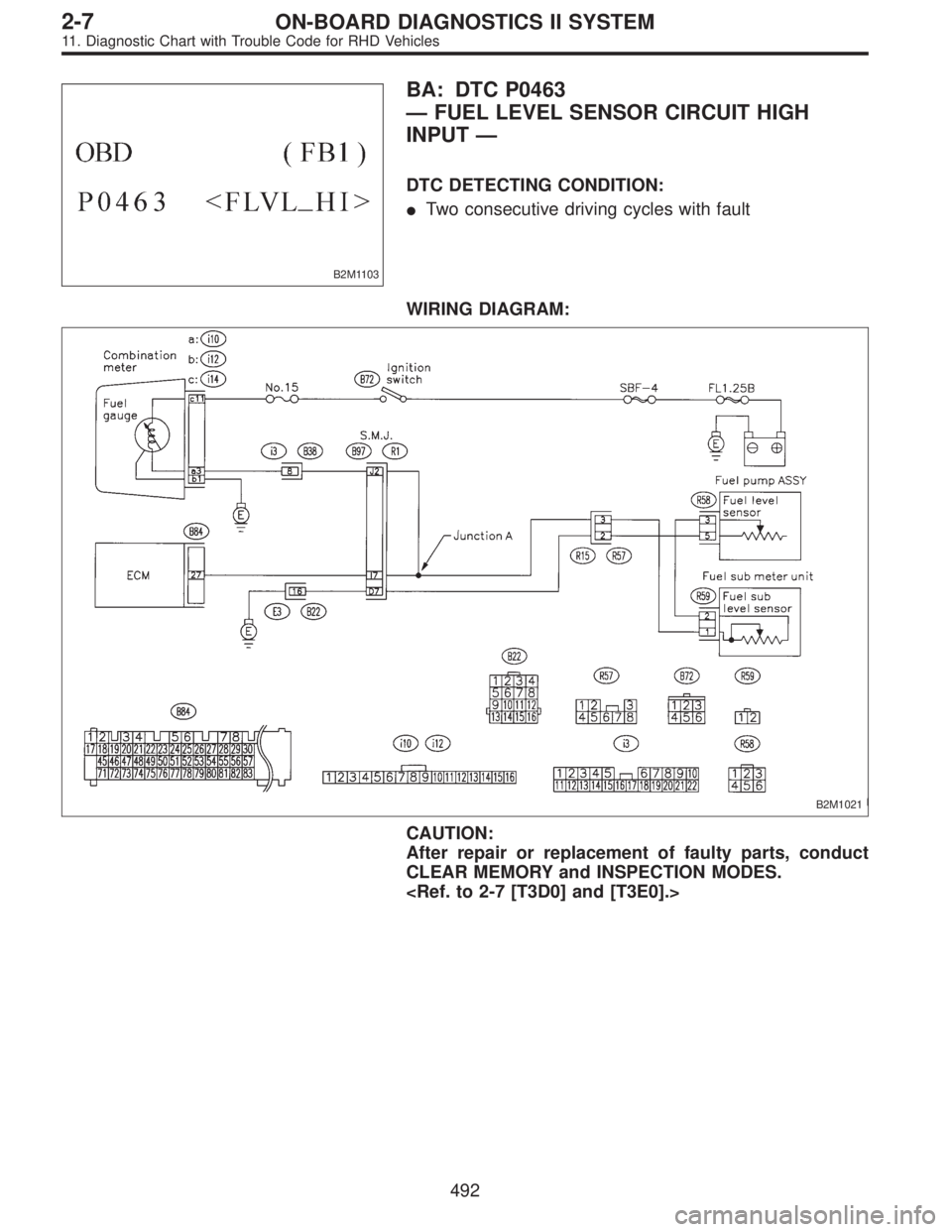 SUBARU LEGACY 1997  Service Repair Manual B2M1103
BA: DTC P0463
—FUEL LEVEL SENSOR CIRCUIT HIGH
INPUT—
DTC DETECTING CONDITION:
Two consecutive driving cycles with fault
WIRING DIAGRAM:
B2M1021
CAUTION:
After repair or replacement of fau