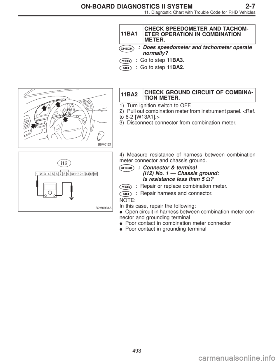 SUBARU LEGACY 1997  Service Repair Manual 11BA1CHECK SPEEDOMETER AND TACHOM-
ETER OPERATION IN COMBINATION
METER.
: Does speedometer and tachometer operate
normally?
: Go to step11BA3.
: Go to step11BA2.
B6M0121
11BA2CHECK GROUND CIRCUIT OF C