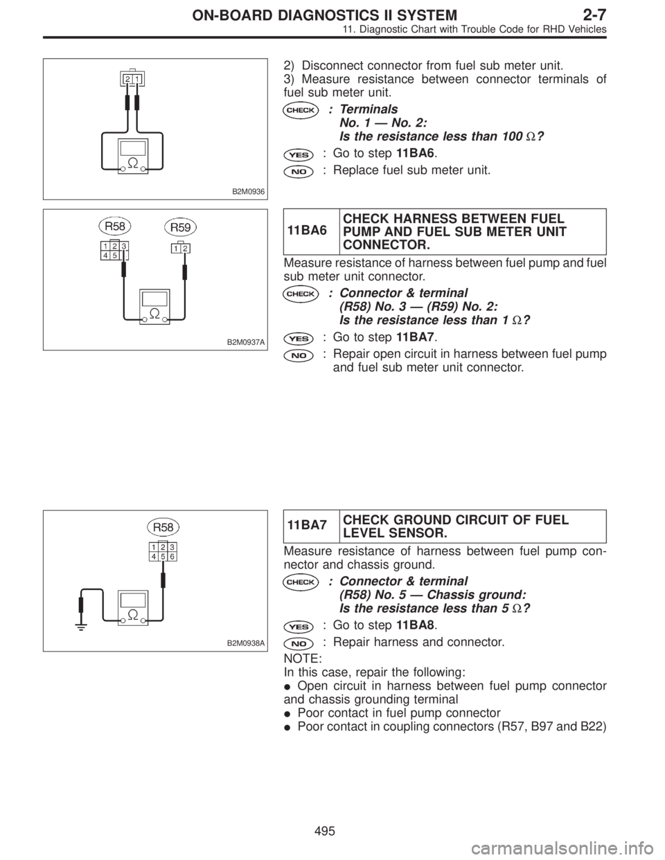 SUBARU LEGACY 1997  Service Repair Manual B2M0936
2) Disconnect connector from fuel sub meter unit.
3) Measure resistance between connector terminals of
fuel sub meter unit.
: Terminals
No. 1—No. 2:
Is the resistance less than 100Ω?
: Go 