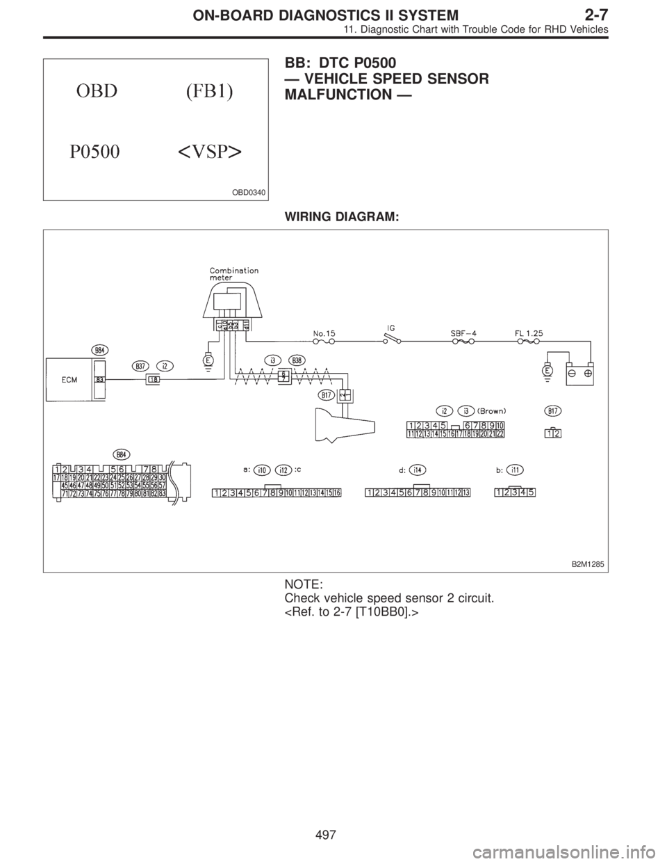 SUBARU LEGACY 1997  Service Repair Manual OBD0340
BB: DTC P0500
—VEHICLE SPEED SENSOR
MALFUNCTION—
WIRING DIAGRAM:
B2M1285
NOTE:
Check vehicle speed sensor 2 circuit.
<Ref. to 2-7 [T10BB0].>
497
2-7ON-BOARD DIAGNOSTICS II SYSTEM
11. Diagn