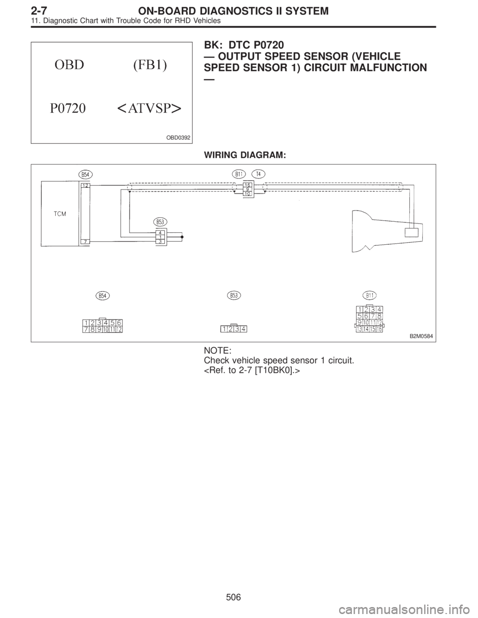 SUBARU LEGACY 1997  Service Repair Manual OBD0392
BK: DTC P0720
—OUTPUT SPEED SENSOR (VEHICLE
SPEED SENSOR 1) CIRCUIT MALFUNCTION
—
WIRING DIAGRAM:
B2M0584
NOTE:
Check vehicle speed sensor 1 circuit.
<Ref. to 2-7 [T10BK0].>
506
2-7ON-BOAR