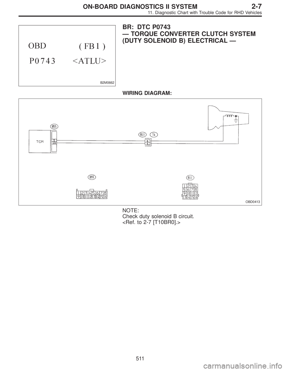 SUBARU LEGACY 1997  Service Repair Manual B2M0662
BR: DTC P0743
—TORQUE CONVERTER CLUTCH SYSTEM
(DUTY SOLENOID B) ELECTRICAL—
WIRING DIAGRAM:
OBD0413
NOTE:
Check duty solenoid B circuit.
<Ref. to 2-7 [T10BR0].>
511
2-7ON-BOARD DIAGNOSTICS