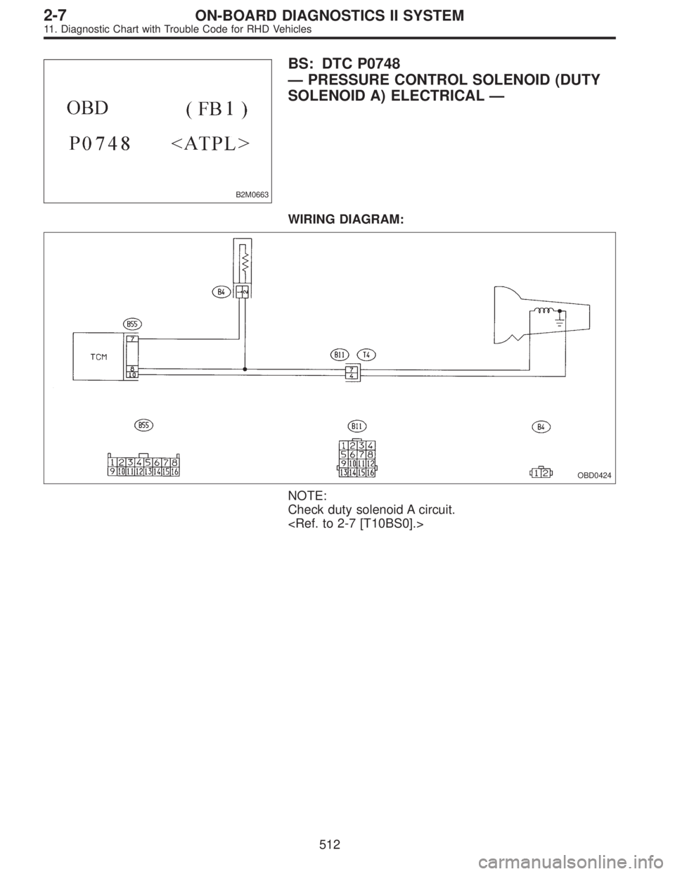 SUBARU LEGACY 1997  Service Repair Manual B2M0663
BS: DTC P0748
—PRESSURE CONTROL SOLENOID (DUTY
SOLENOID A) ELECTRICAL—
WIRING DIAGRAM:
OBD0424
NOTE:
Check duty solenoid A circuit.
<Ref. to 2-7 [T10BS0].>
512
2-7ON-BOARD DIAGNOSTICS II S