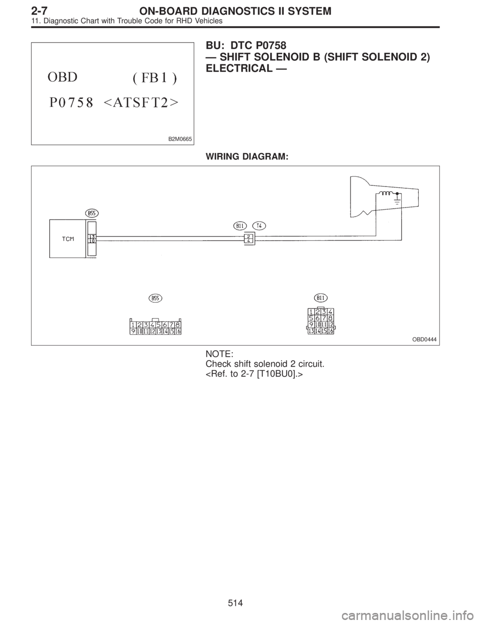 SUBARU LEGACY 1997  Service Repair Manual B2M0665
BU: DTC P0758
—SHIFT SOLENOID B (SHIFT SOLENOID 2)
ELECTRICAL—
WIRING DIAGRAM:
OBD0444
NOTE:
Check shift solenoid 2 circuit.
<Ref. to 2-7 [T10BU0].>
514
2-7ON-BOARD DIAGNOSTICS II SYSTEM
1