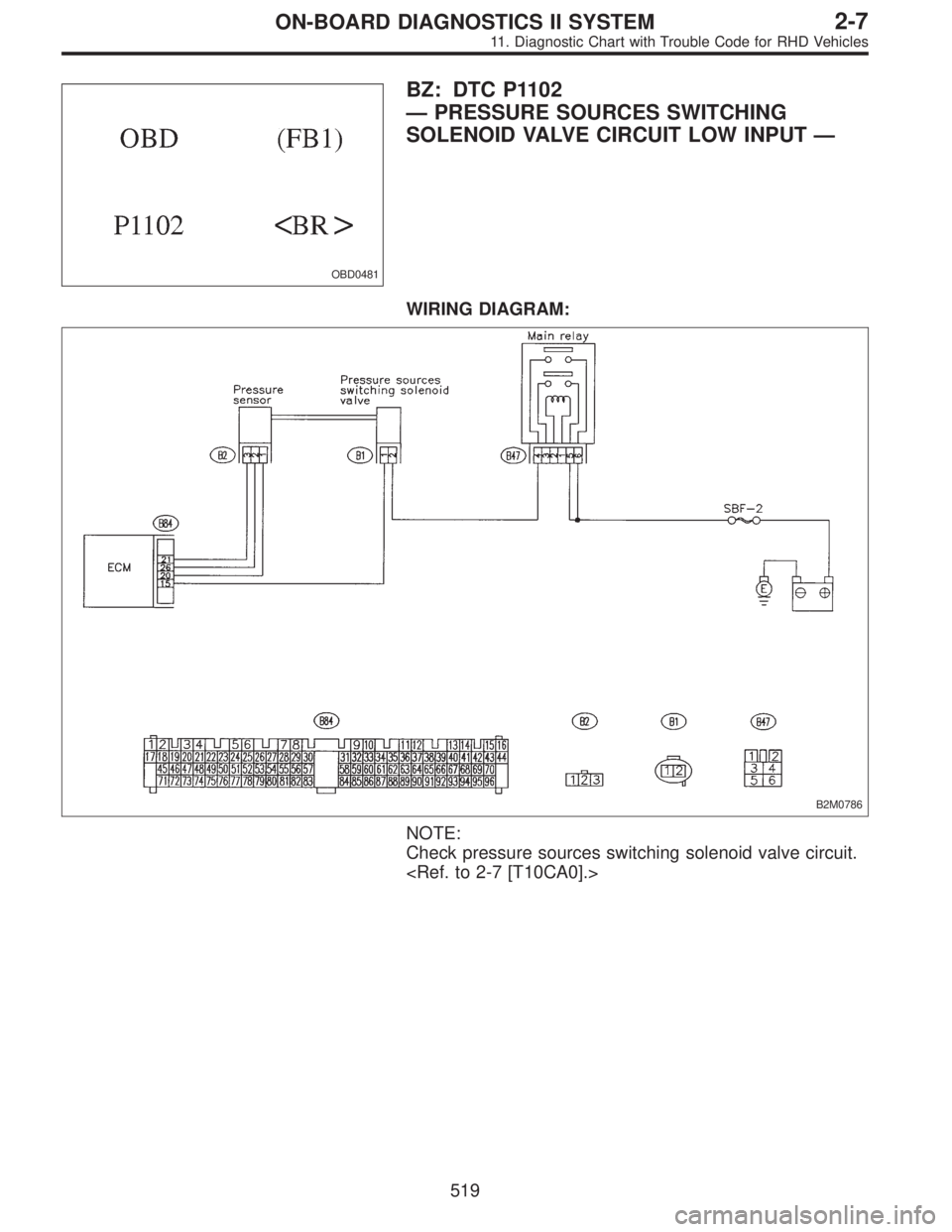 SUBARU LEGACY 1997  Service Repair Manual OBD0481
BZ: DTC P1102
—PRESSURE SOURCES SWITCHING
SOLENOID VALVE CIRCUIT LOW INPUT—
WIRING DIAGRAM:
B2M0786
NOTE:
Check pressure sources switching solenoid valve circuit.
<Ref. to 2-7 [T10CA0].>
5