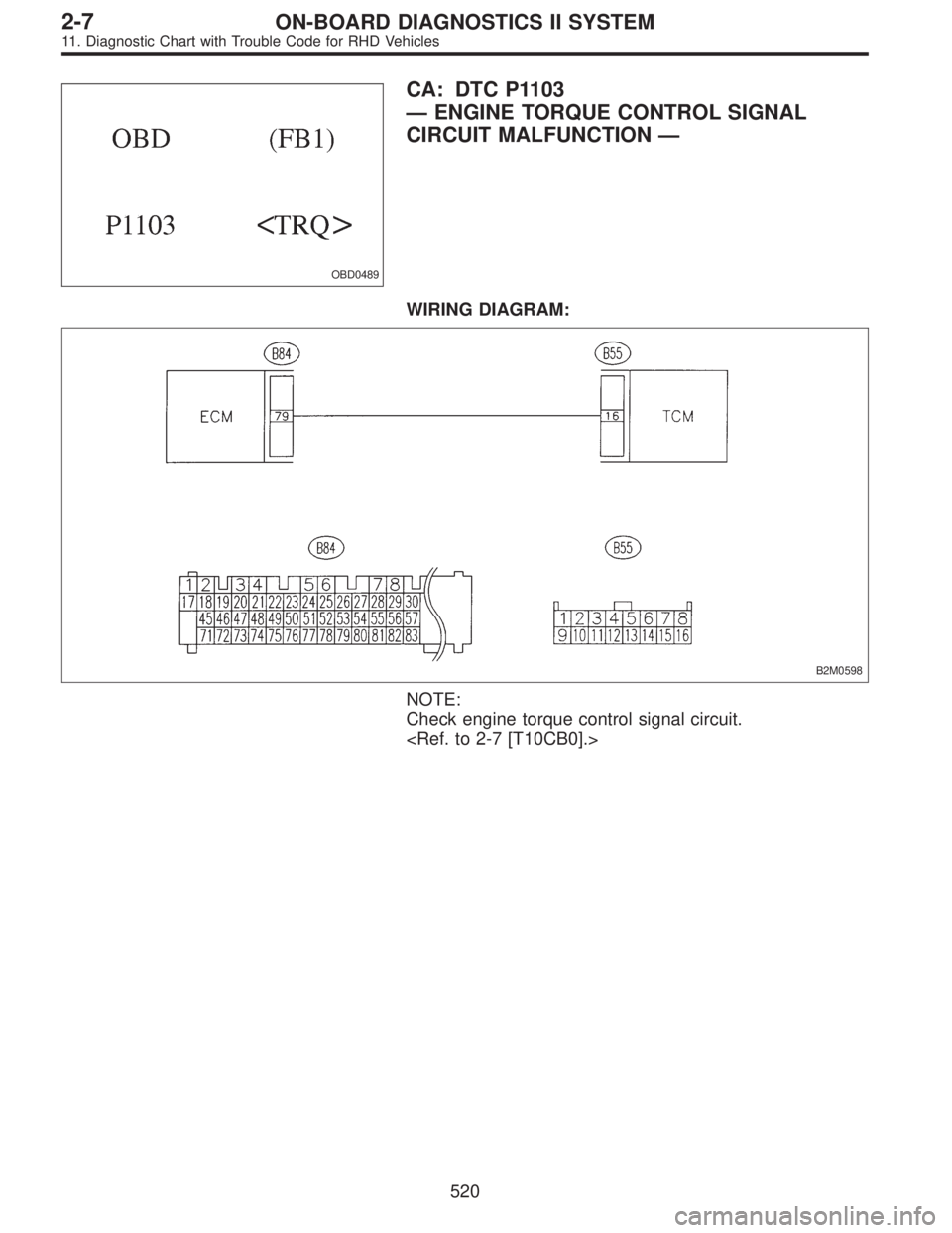 SUBARU LEGACY 1997  Service Repair Manual OBD0489
CA: DTC P1103
—ENGINE TORQUE CONTROL SIGNAL
CIRCUIT MALFUNCTION—
WIRING DIAGRAM:
B2M0598
NOTE:
Check engine torque control signal circuit.
<Ref. to 2-7 [T10CB0].>
520
2-7ON-BOARD DIAGNOSTI