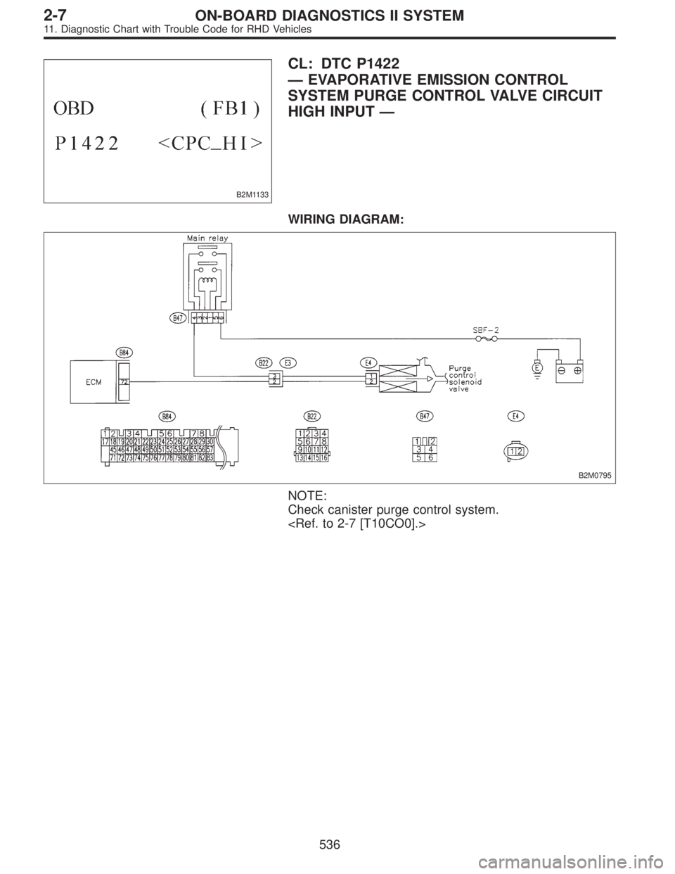 SUBARU LEGACY 1997  Service Repair Manual B2M1133
CL: DTC P1422
—EVAPORATIVE EMISSION CONTROL
SYSTEM PURGE CONTROL VALVE CIRCUIT
HIGH INPUT—
WIRING DIAGRAM:
B2M0795
NOTE:
Check canister purge control system.
<Ref. to 2-7 [T10CO0].>
536
2-
